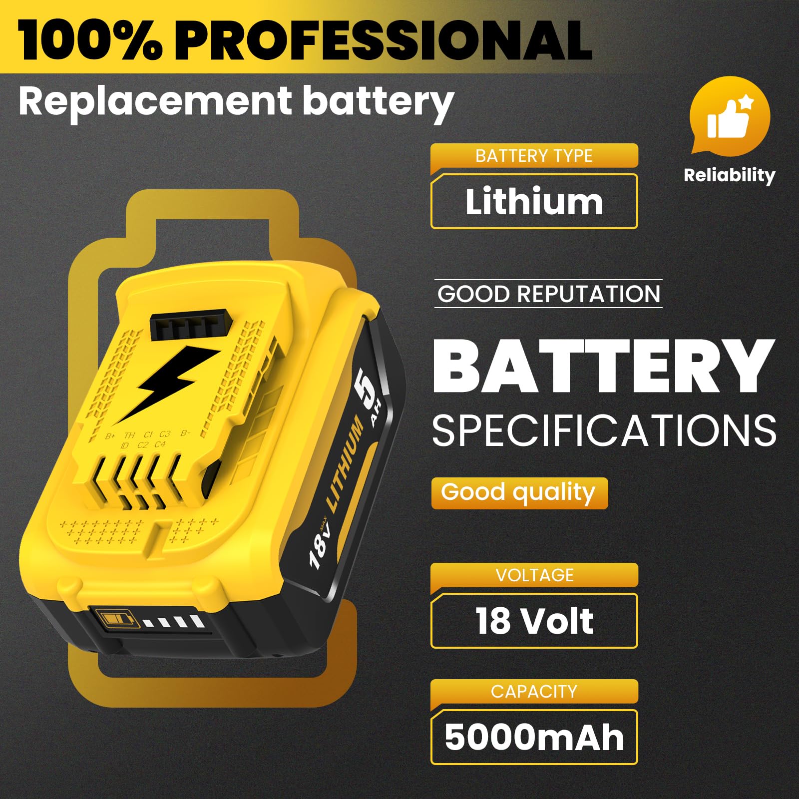 Batería de 4 x 18 V y 5,0 Ah (DCB184) para Dewalt herramientas eléctricas compatibles con baterías de 18 V y 5,0 Ah (DCB184, DCB180, DCB181, DCB182, DCB200, DCB201, DCB201-2, DCB200-2, DCB204-2)