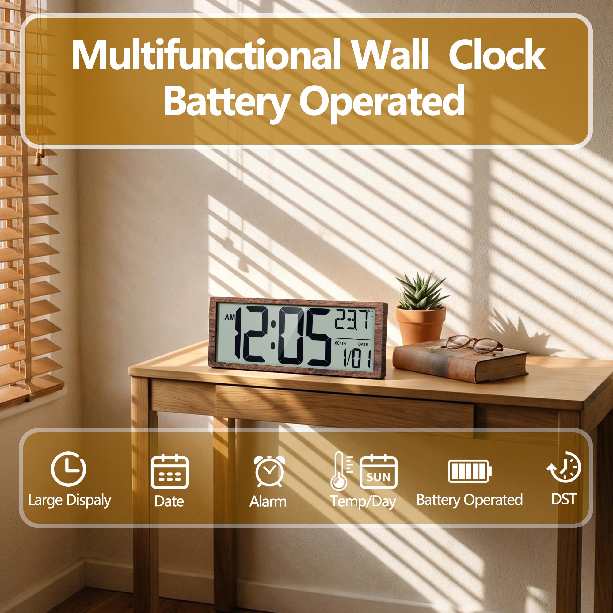 Maxstar Große digitale Wanduhr, 40,6 cm, batteriebetrieben mit Datum und Temperatur, 12/24 Stunden, Sekunden, Alarm, Sommerzeit, Desktop/Wandmontage für Zuhause, Büro, Schlafzimmer (Holz)