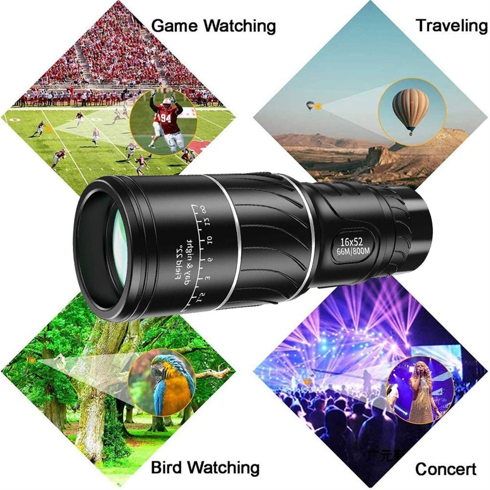 Monoculaire De Chasse 16x52 HD - Vision Nocturne, étanche, Prismes BAK4