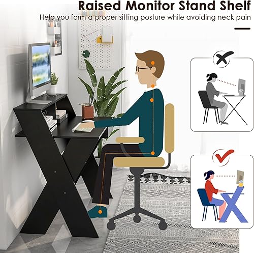Miniatura 7 de Tangkula Escritorio para computadora de 2 niveles con cajón de almacenamiento pequeño escritorio con soporte para monitor reposapiés pensado y patas