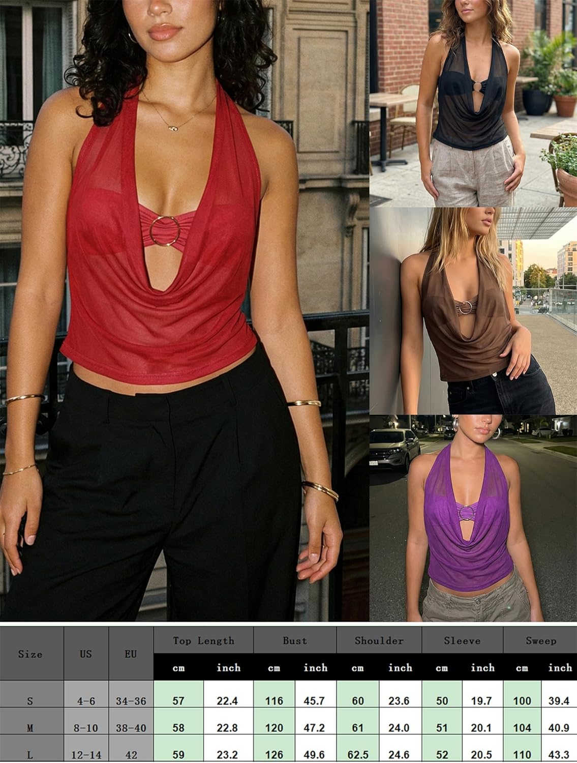 Women Draped Front Halter Top Sexy Sheer Mesh Cut Out Cowl Neck Tie Back Up Tank Cami Tops Y2k Rave Party Streetwear - Image 7