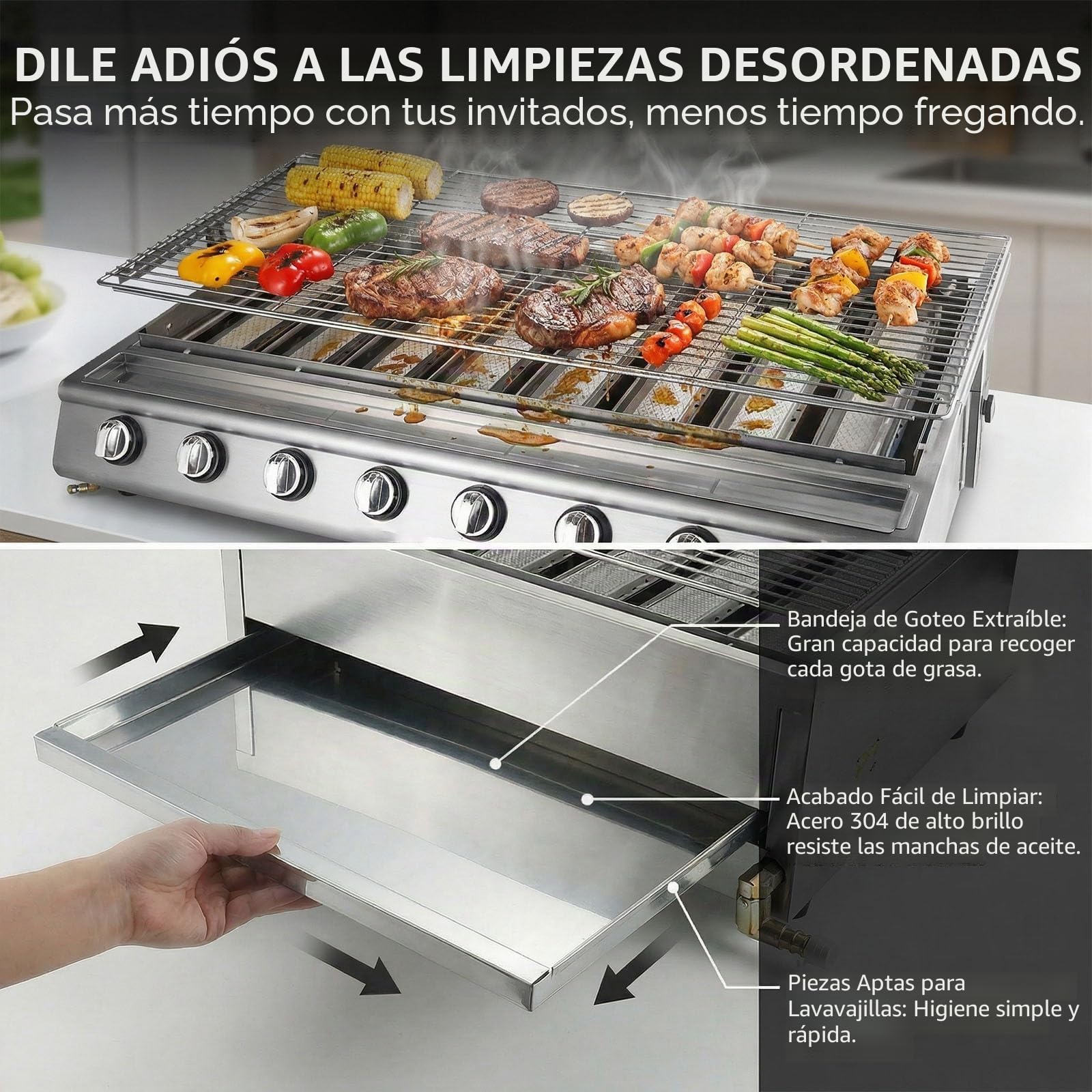 Barbacoa de Gas de Sobremesa Acero Inoxidable 304, 4/8/10 Quemadores con Tapa, Altura de Rejilla Regulable, Parrilla Profesional para Balcón y Camping, Butano 2800Pa(4 Burner)