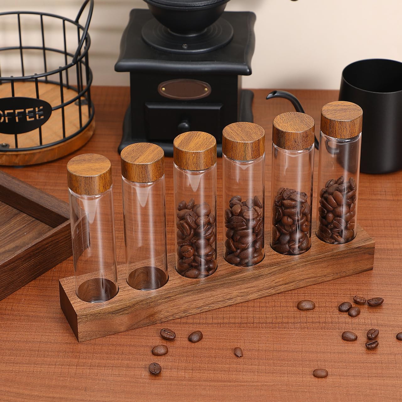 HEMOTON Juego de tubos de ensayo de vidrio con tapones de plástico y estante de madera, contenedor de granos de café de vidrio, mini tarros de vidrio para laboratorio, recuerdos de fiesta, dulces,
