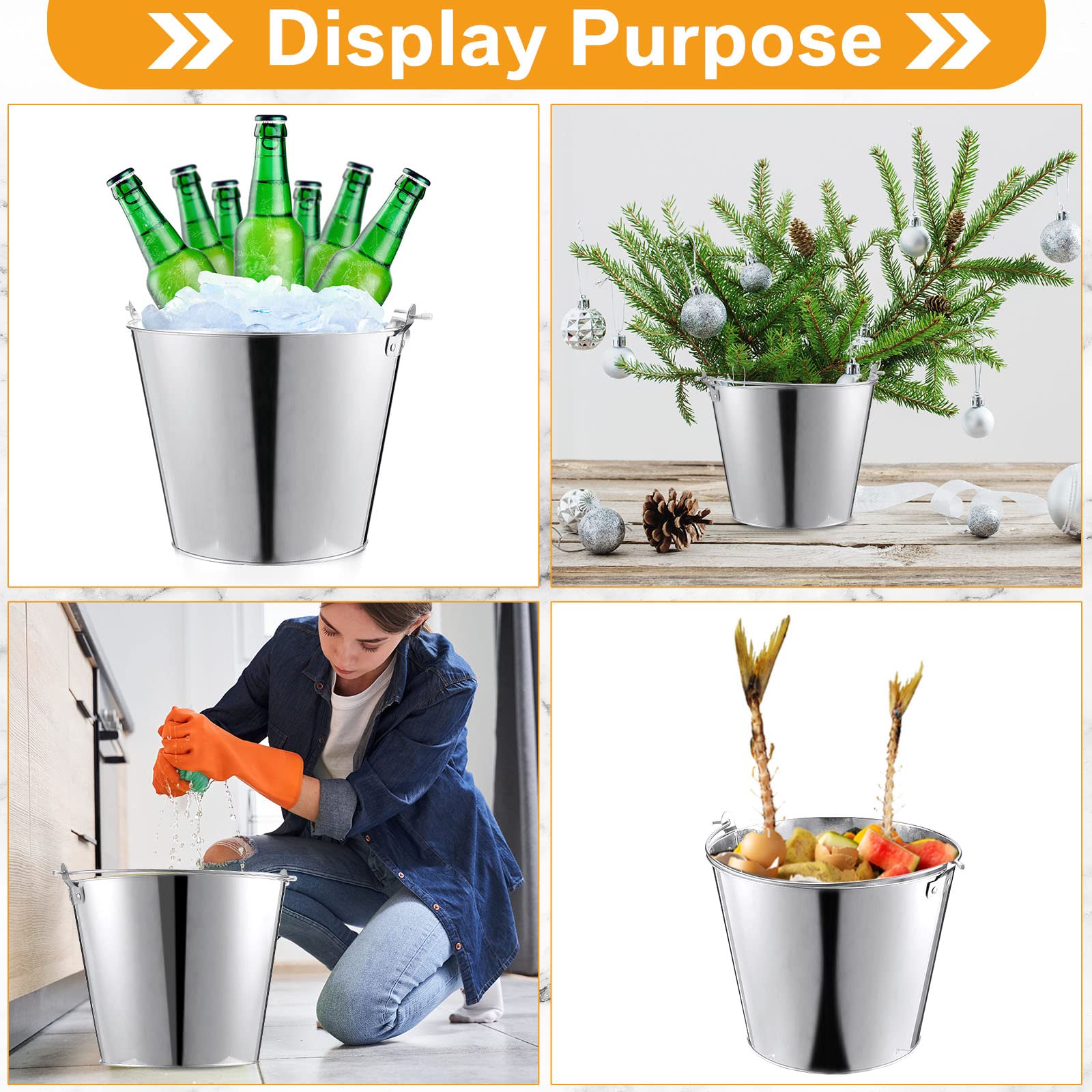 6 cubos galvanizados de 6.7 x 9.5 x 7.5 pulgadas, cubo de cerveza de hielo de 5 litros, lata plateada, recipiente de acero grande con asa para vino, champán, bar, cocina, interiores y exteriores,