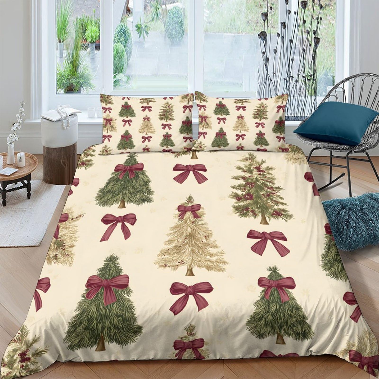 Ctjqhvkz Style-3 3D Printed Christmas Tree Fitted Sheet Microfiber Soft Red Bow Bed Cover For Bedroom Guestroom Mattress Decor Single（135X200cm）