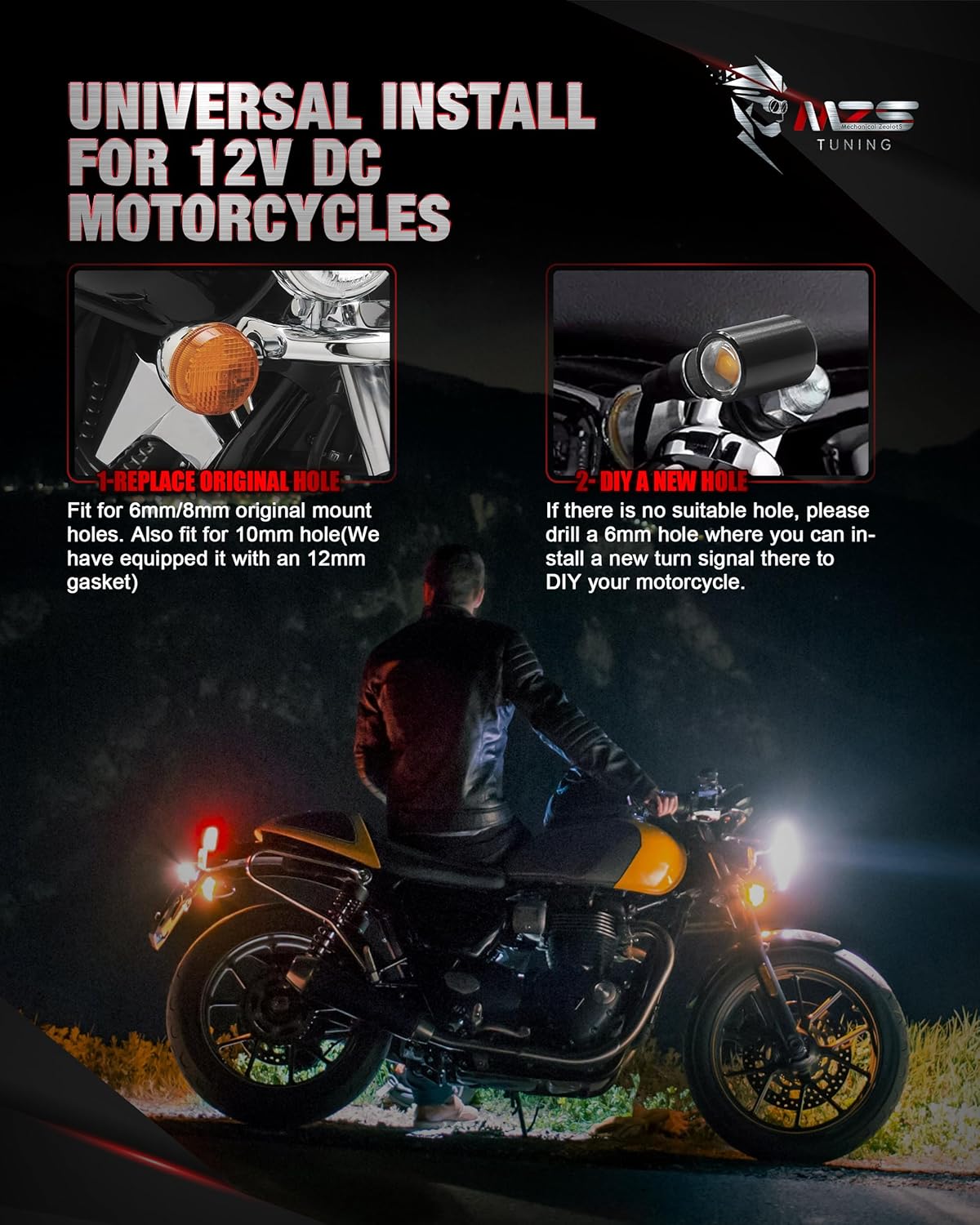 MZS Motorcycle LED Turn Signals, Front Light Red+Red and Rear Amber Mini Brake Tail Light Blinkers, Minimalist Design, Universal 6mm Screw Compatible with Most Family Motorcycles