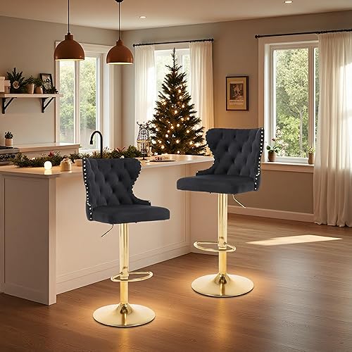 Miniatura 2 de Juego de 2 taburetes de bar giratorios ajustables, sillas tapizadas de terciopelo de altura de mostrador con respaldo alto y ribete de cabeza de