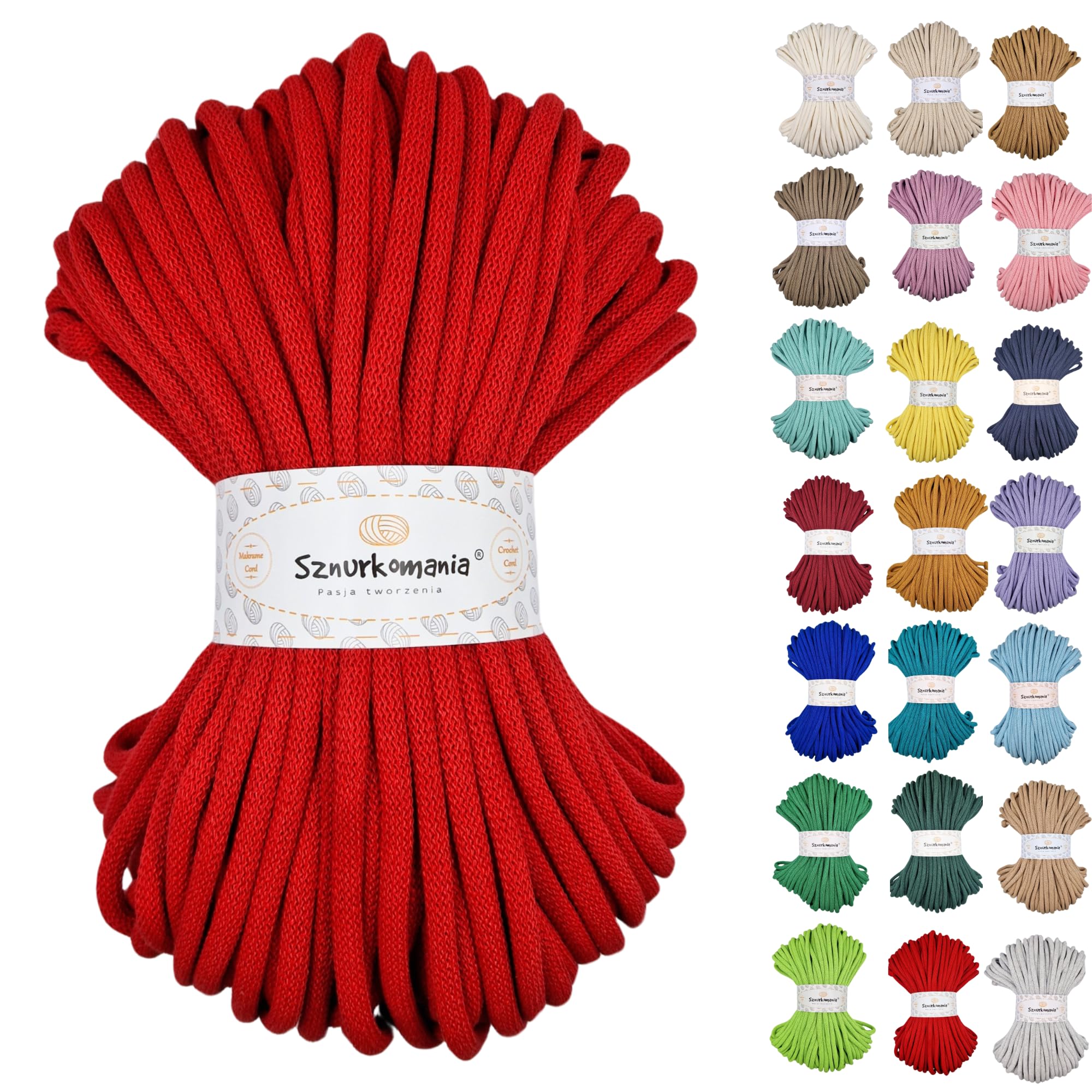 Sznurkomania, Cotton Cord 9mm 50m, Many Colors, Macrame Yarn, Cotton Yarn, Braided Cotton Cord 9mm with Core, Macrame Cord, Crochet Cord, Cord 9mm, Crocheted Bag (Red)
