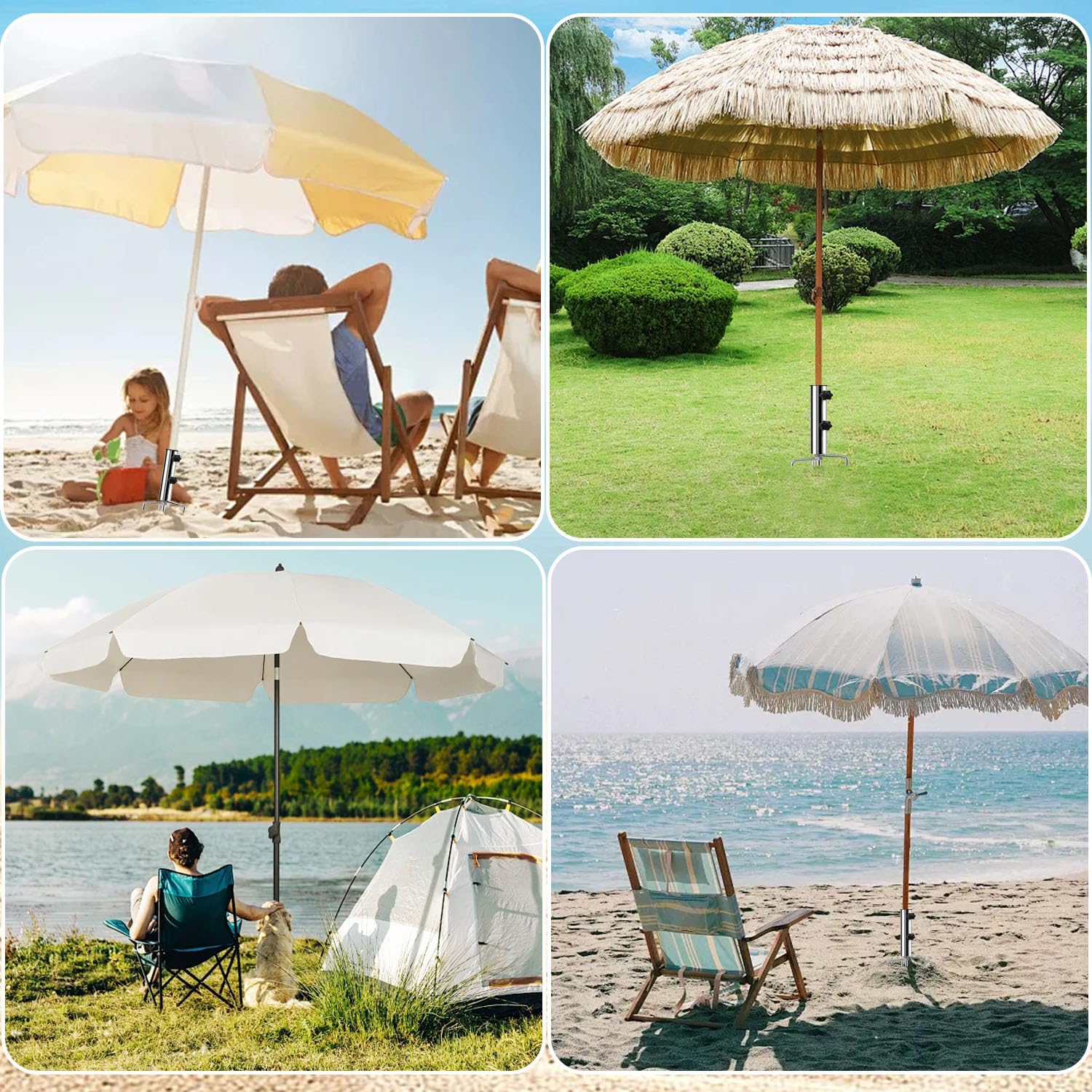 Picchetto per ombrellone in acciaio, Piedi per ombrellone Spiaggia, Regolabile Rimovibile Supporto per ombrellone, con 4 Picchetto Trivella per ombrellone da spiaggia per Prateria/ Sabbia /Pesca
