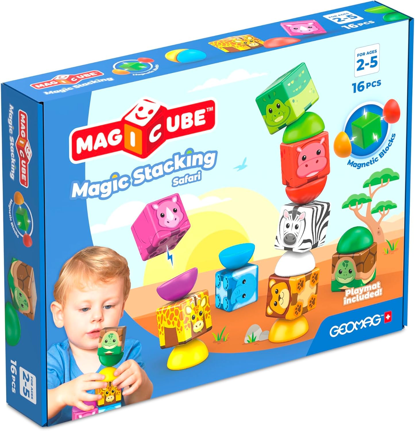 Geomag Magicube Magnetic Blocks, 16 Large Magnetic Cubes Safari Animals STEM Toy, Sensory Toys for Toddlers 1-3, Building Blocks for Kids, Fun Toddler Toys 1-2 yrs