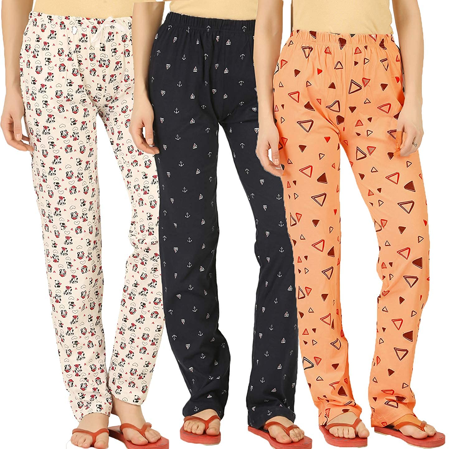 RAGINIRAGINI Women's Cotton All Over Print Pajama Girl's Printed Cotton Pajama Pants, Casual Lounge Wear, Pack of 3, Floral Beige, Anchor Navy, Triangle Peach