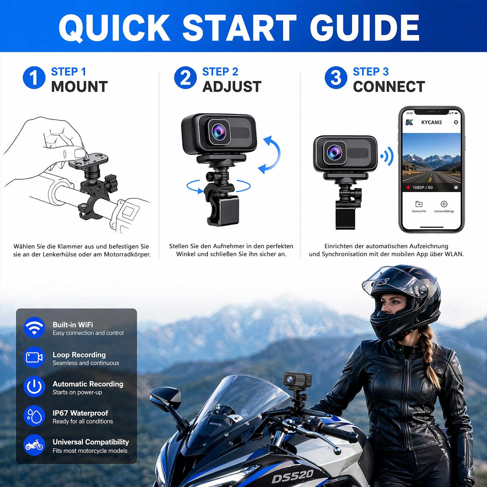 Action Camera portatile, 2K e 120°, grandangolo per moto, Wi-Fi, sensore G, blocco collisione, con IP65, per moto, bici elettriche e sport all'aria aperta