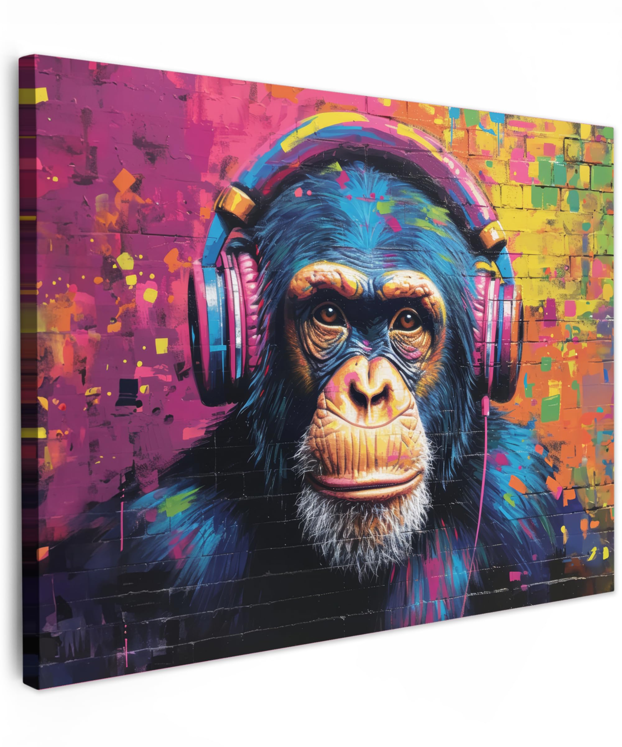 MuchoWow© Canvas Wall Art 16"x12" / 40x30 cm Home Decor Paintings for Living Room Decorations Gifts Hallway Graffiti - Chimpanzee - Street art - Headphones - Monkey - Banksy