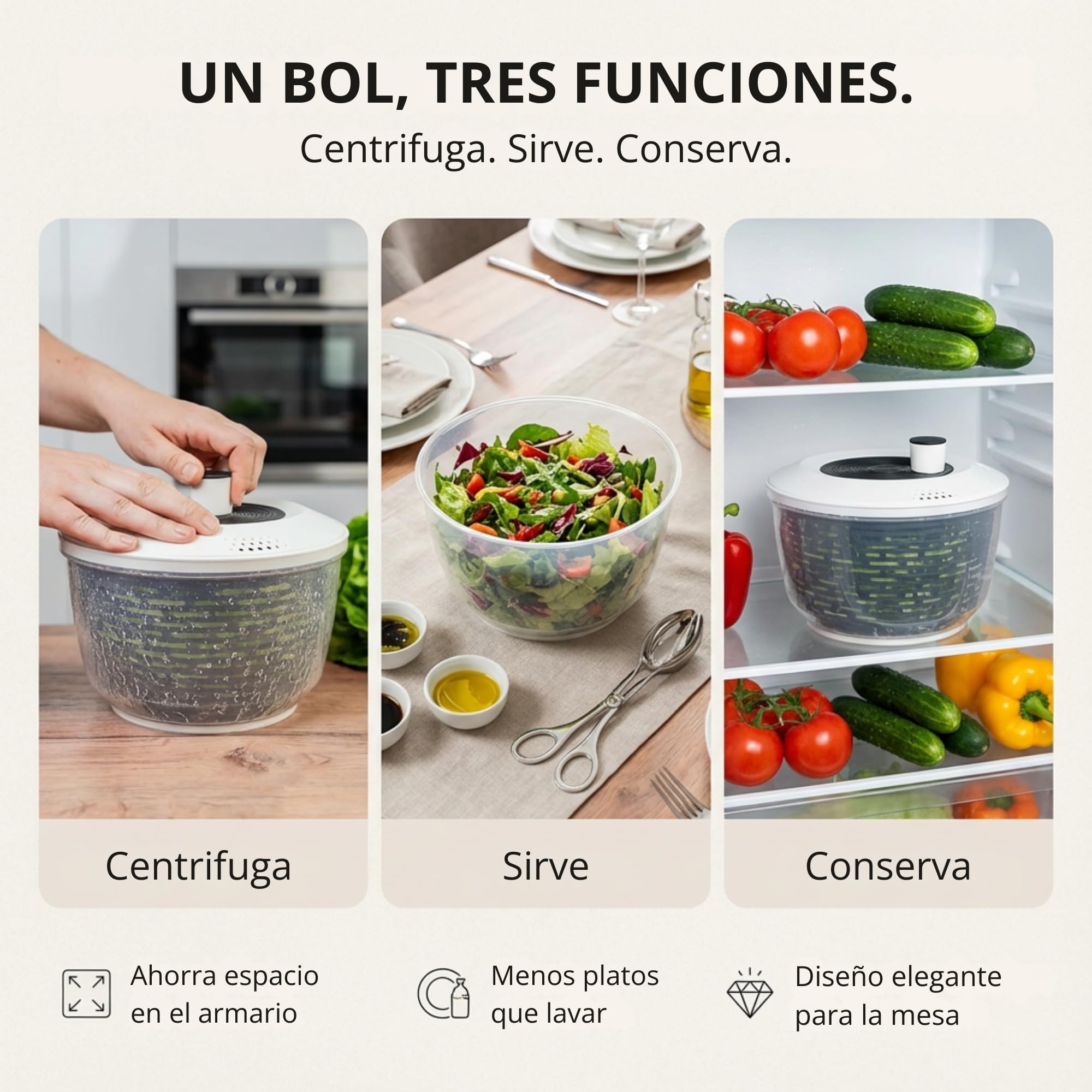 Centrifugadora de ensalada Premium 5 L – 60 días sin riesgo – 2 en 1 antideslizante: centrifugadora + bol – Ø 24,5 cm – libre de BPA – lavavajillas – para secar ensalada/lechuga – eBook incluido
