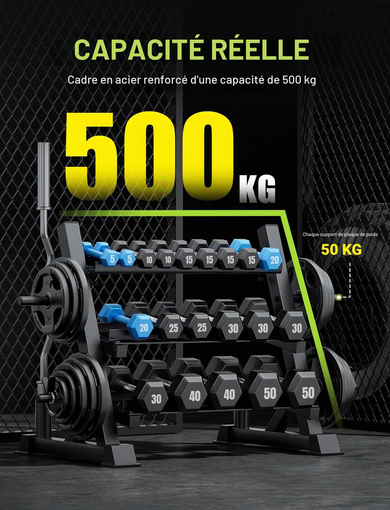 YOLEO Support pour Haltères Réglable à 3 niveaux Repose Haltères Rack de Rangement pour Musculation Stockage d'haltères à la Maison Support de Poids Robuste Max. 500 KG
