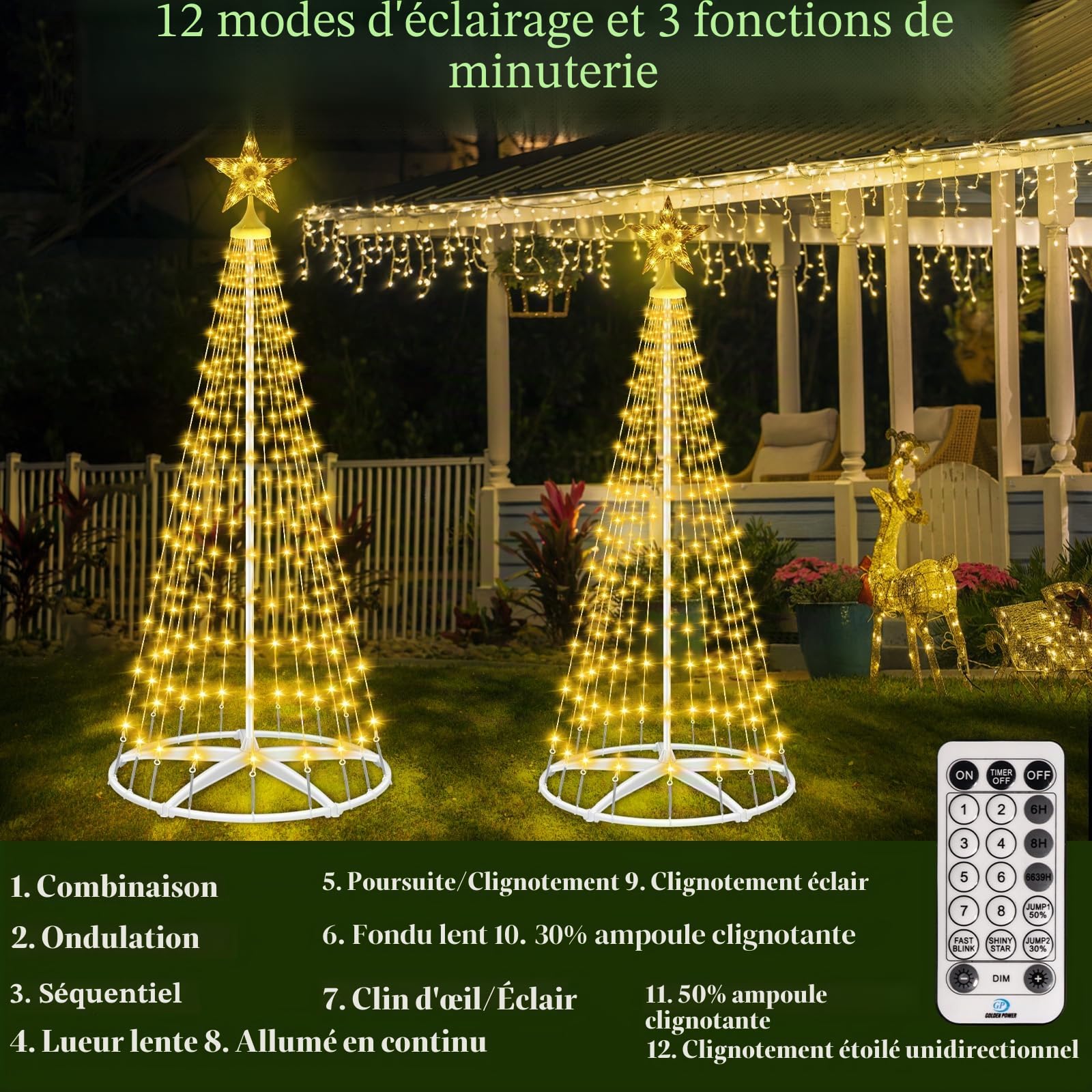 HELESIN Sapin de Noël en Métal en Forme de Grand Cône, 250 LED 12 Modes, Minuterie Sapin Lumineux Exterieur, Éclairage de Noël pour Jardin, Balcon, Décoration, Extérieur (Blanc Chaud avec Support)