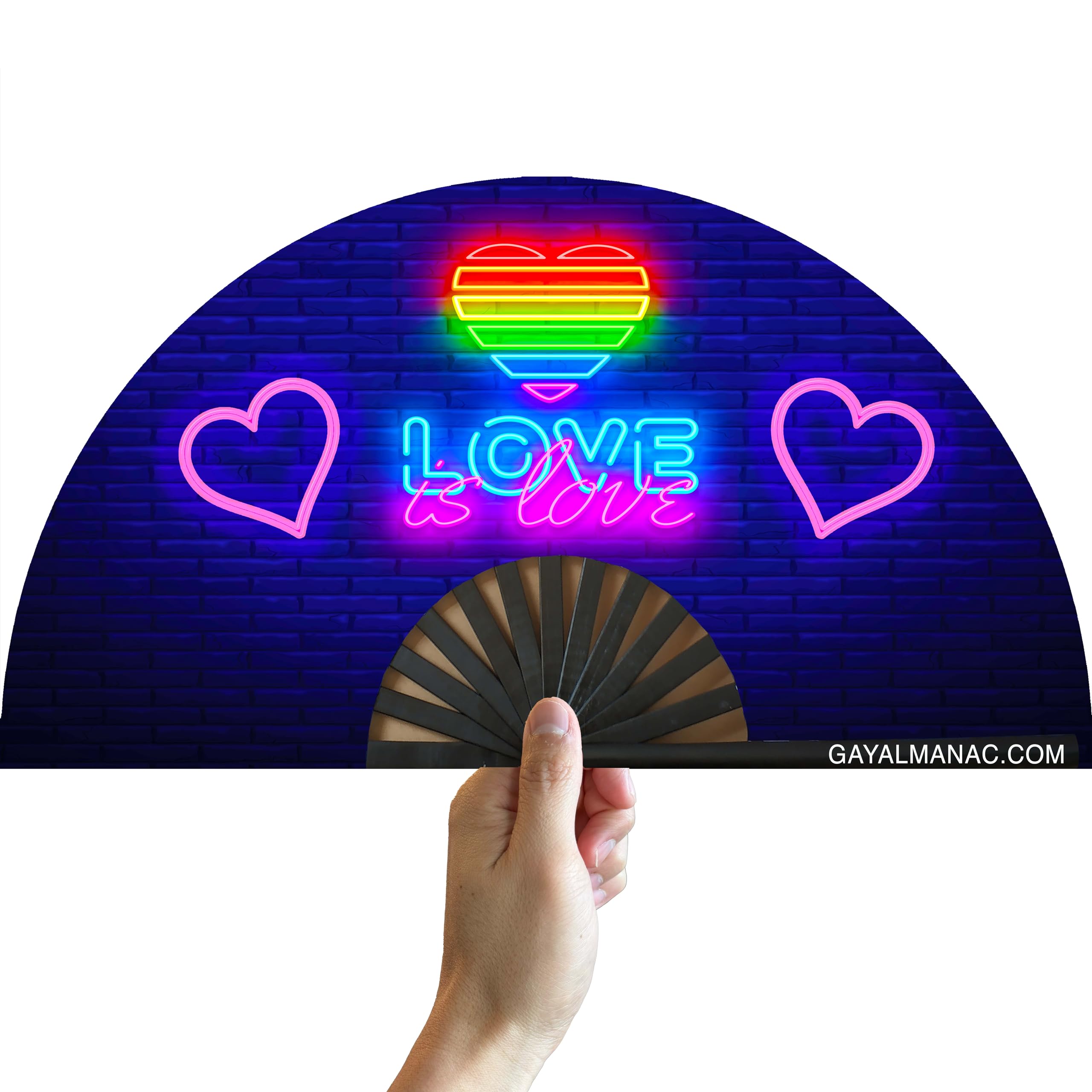 PandaTak Gay Pride Folding Hand Fans, Funny Large 13" Bamboo Fan with UV Reactive Ink, for LGBTQ Circuit Parties EDM Festivals and Raves (Love is Love)