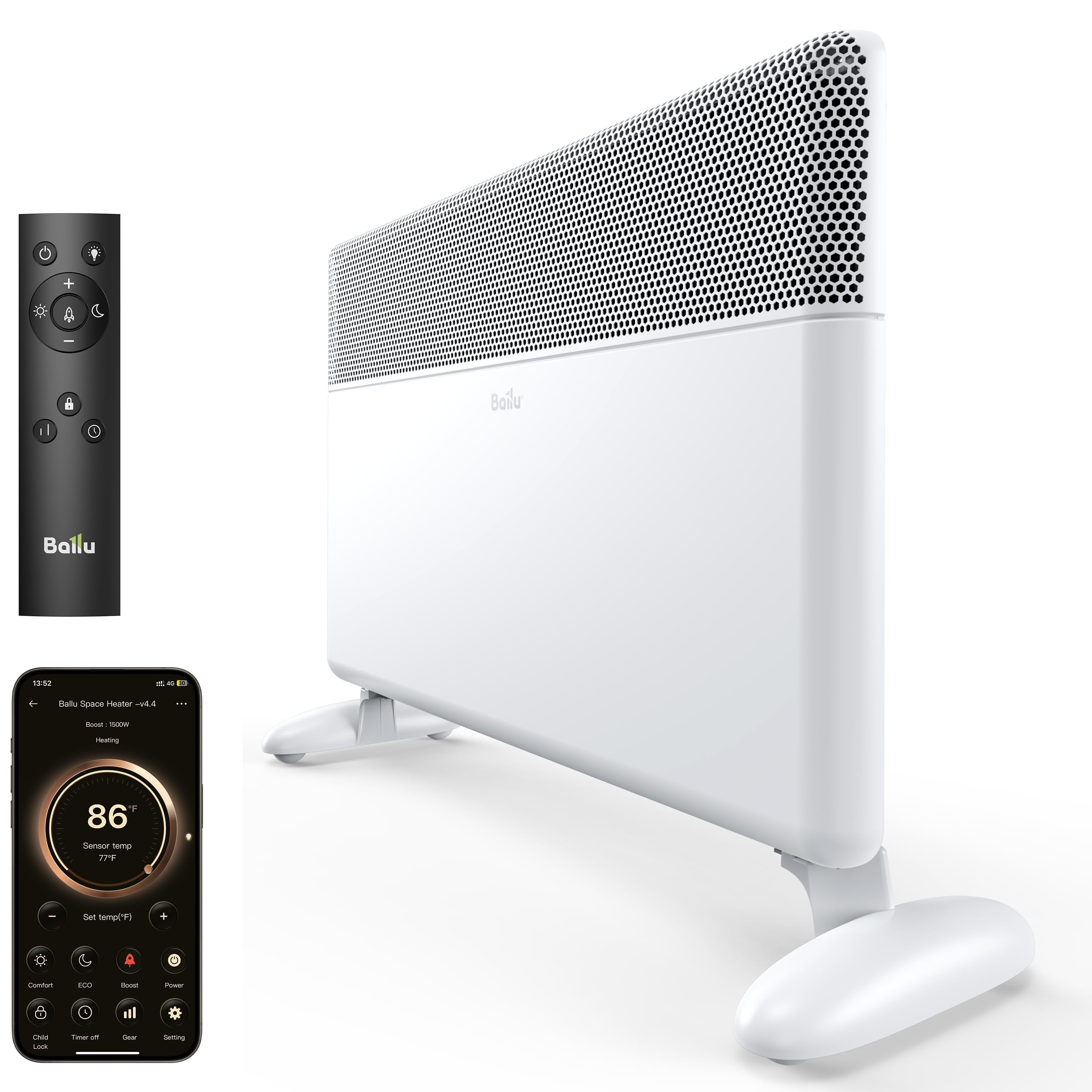 Ballu Convection Panel Space Heater for Large Room,1500W Electric Heater with Programmable Thermostat,WiFi App Control,Standing or Wall Mount,Smart Quiet Heater for Indoor Use,Works with Alexa,White