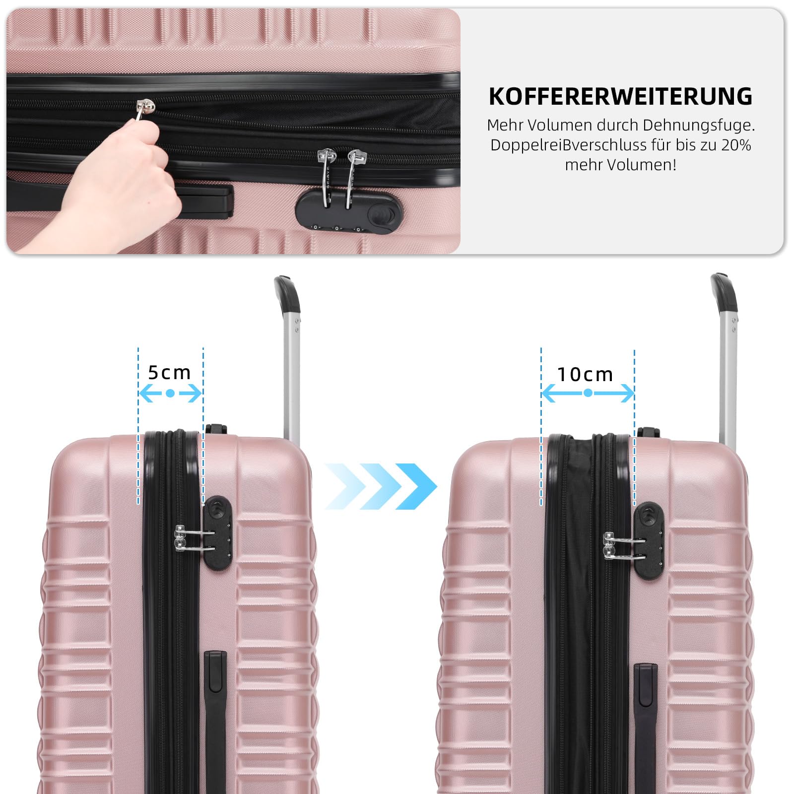 BEIBYE Reisekoffer 2088 Hartschalekoffer Gepäck Koffer Trolley Bordcase Handgepäck M in 14 Farben (Rosagold)