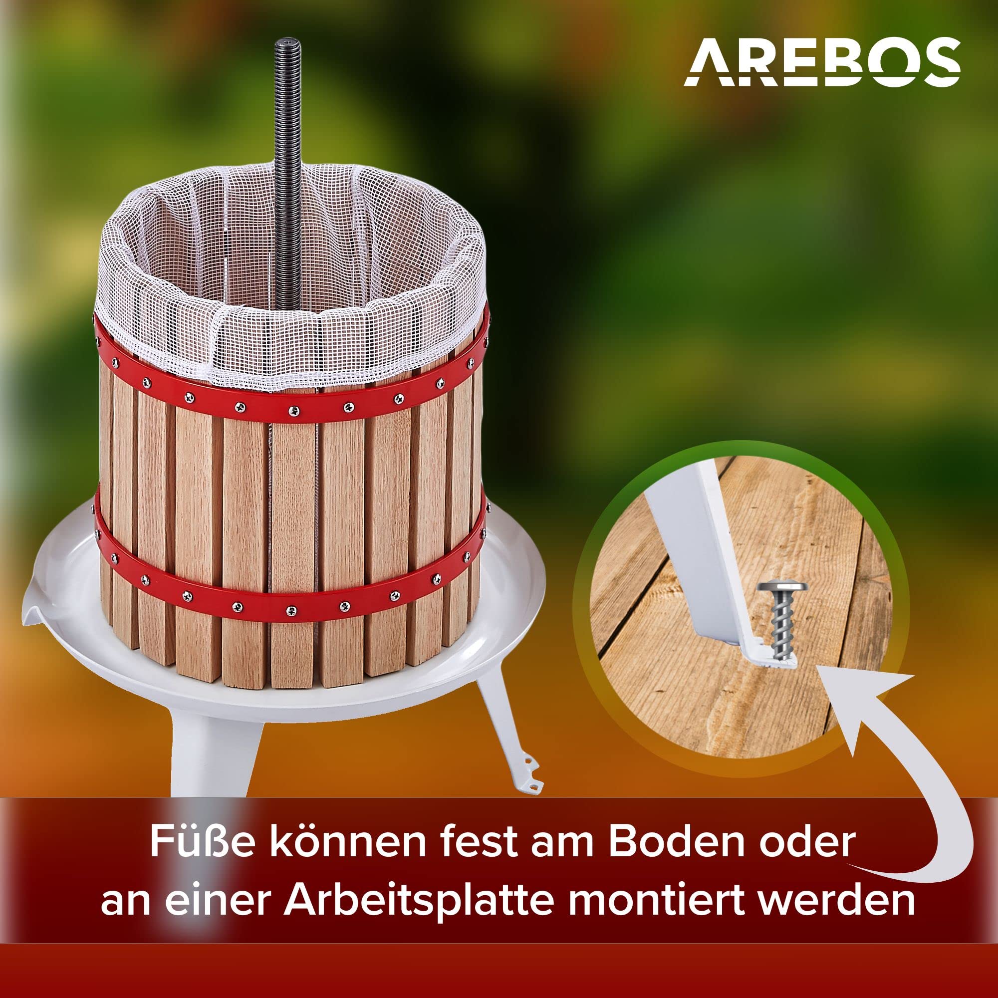 Arebos Obstpresse 12L | Manuelle Saftpresse I Beerenpresse inkl. Presstuch, Druckplatte und Metallspindel I Für jegliche Arten von Saft & Gemüse