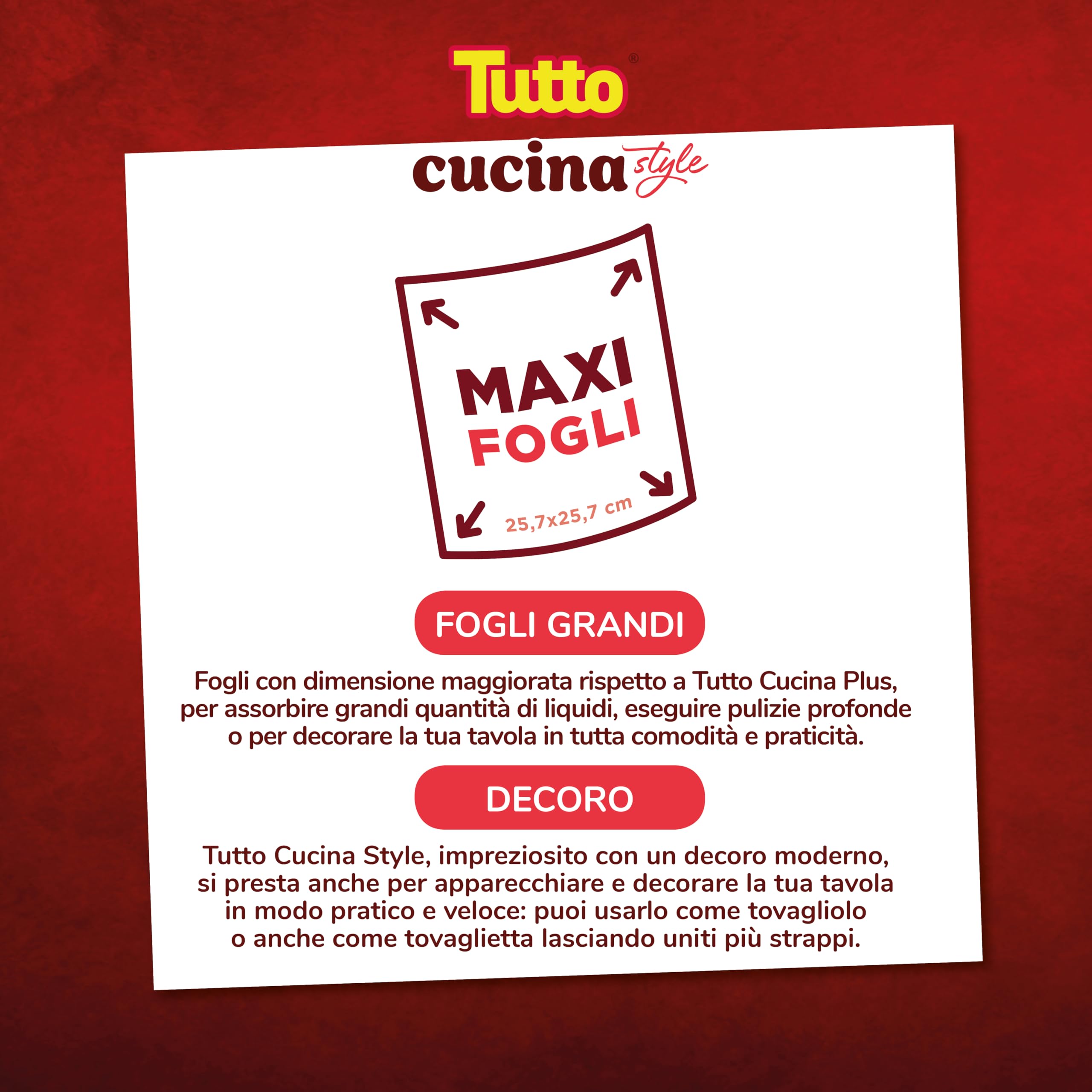 Asciugatutto TUTTO CUCINA STYLE, 18 Rotoli, Carta Super Assorbente e Resistente, Pulizia Rapida e Senza Sforzo, Tecnologia HI-PER, Made in Italy, 821710