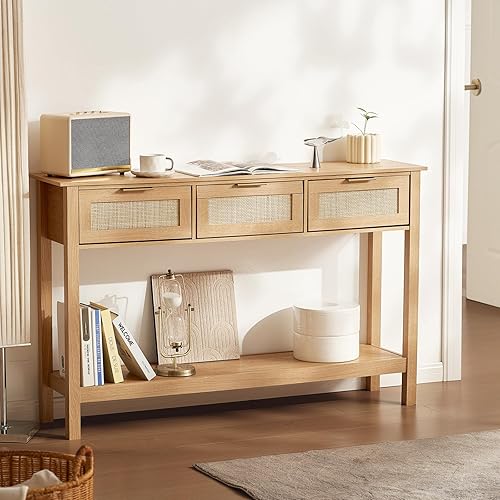 Miniatura 8 de VEVOR Mesa consola de ratán, mesa de entrada con 3 cajones de almacenamiento, mesa de pasillo con puerta corredera de ratán natural, mesa de sofá