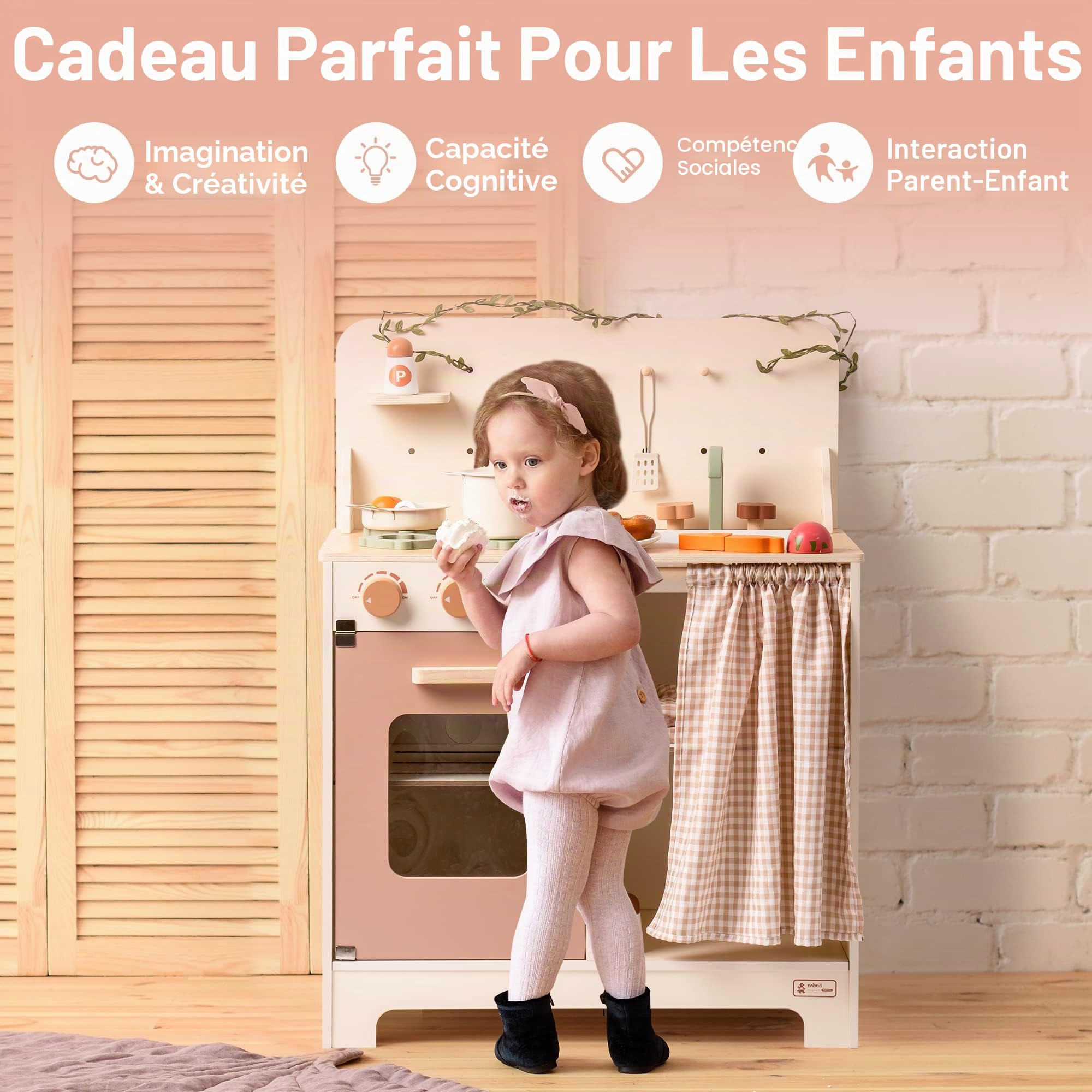 ROBOTIME Cuisine Enfant en Bois Rose Crème avec Four, Évier et Tablier | Jeu d’Imitation Dès 3 Ans avec Guirlande Lumineuse, Ustensiles, Rangement et Accessoires pour Petits Chefs