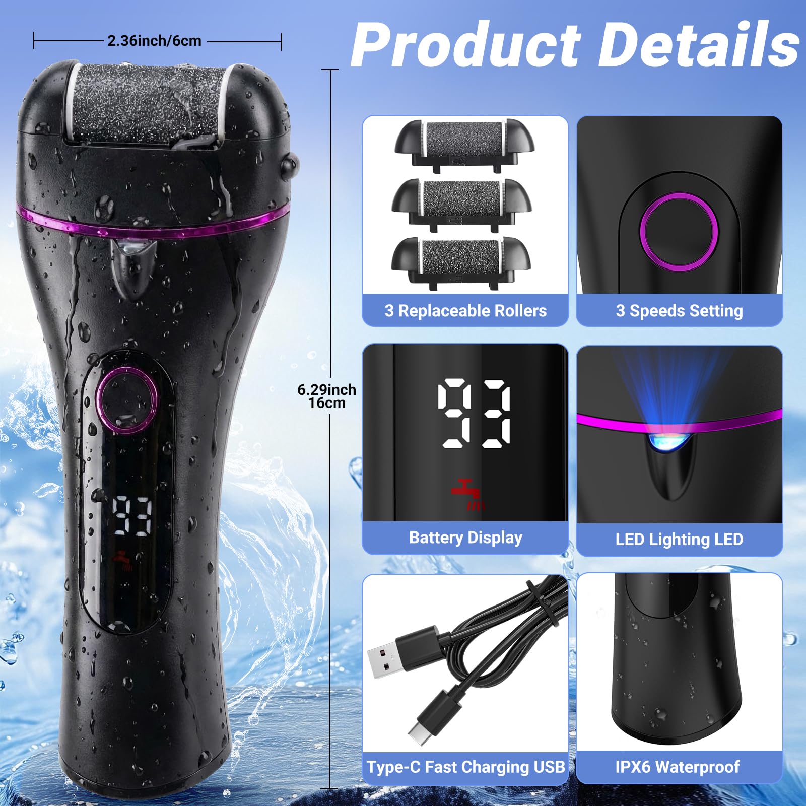 Lima Electrica Pies Durezas con 3 Rodillosy 17 Herramientas,3 Velocidades,Silenciar,Profesional Foot File para Eliminar Durezas y Callos Lima Electrica Pies (Negro)