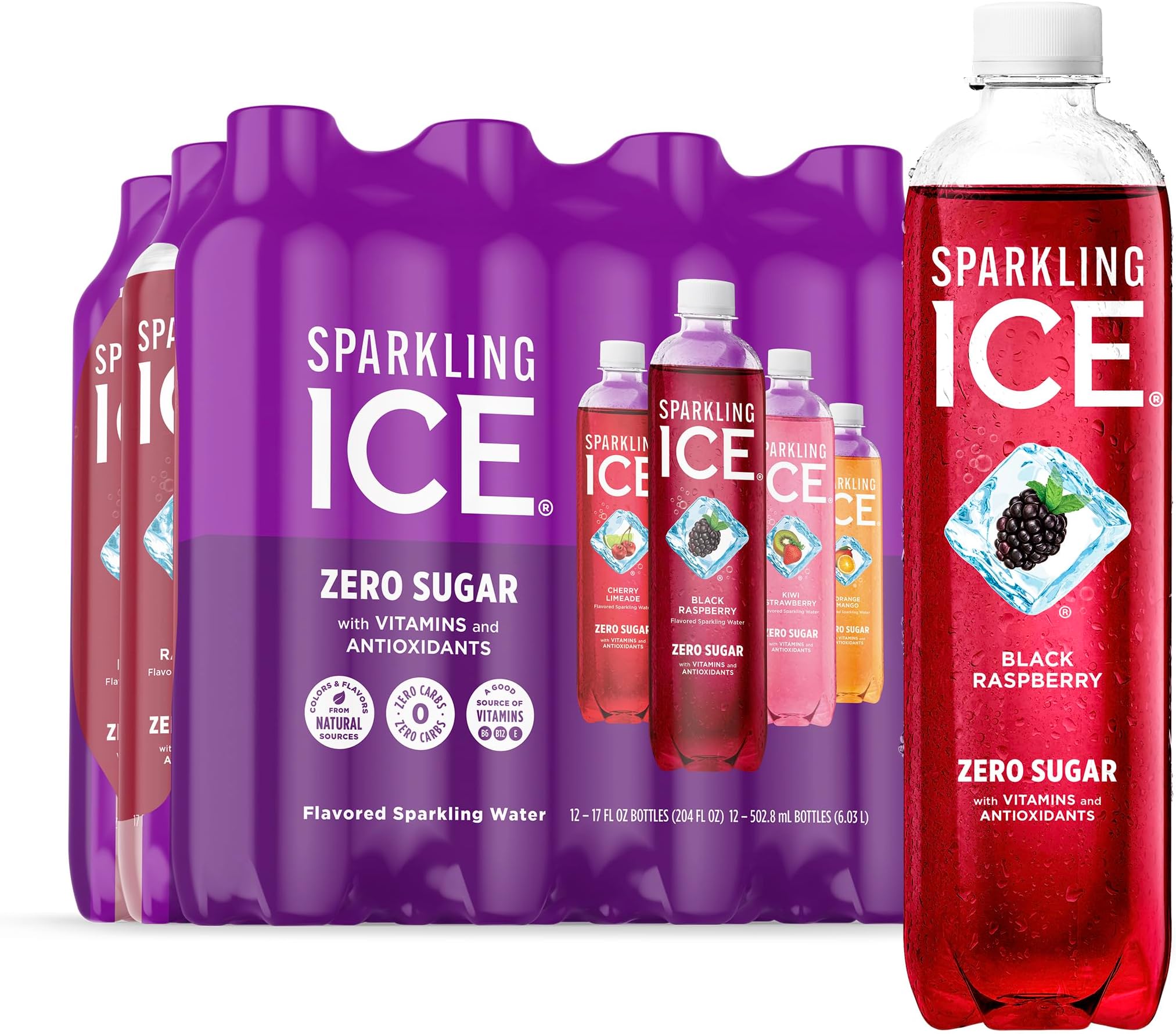 Sparkling Ice Purple Variety Pack, Flavored Water, Zero Sugar, with Vitamins and Antioxidants, 17 fl oz, 12 count (Black Raspberry, Cherry Limeade, Orange Mango, Kiwi Strawberry)