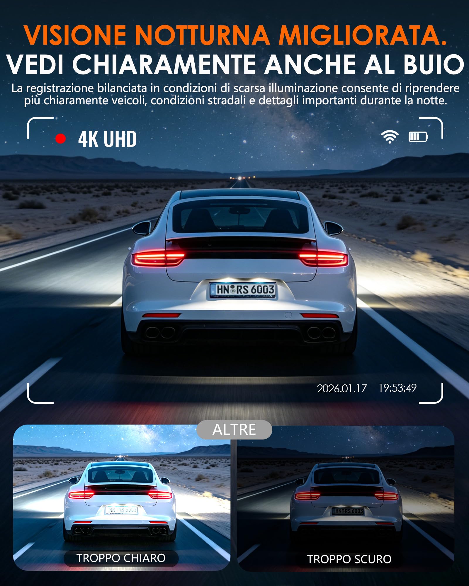 iZEEKER iD340 Dash Cam Auto 4 Canali, 4K Anteriore, 3x1080P, WiFi 6 | 4K anteriore + 3x1080P, WiFi 6, F1.6, WDR, schermo IPS da 3,39", modalità parcheggio, fino a 256GB