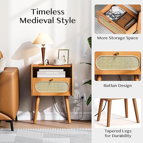 Miniatura 5 de Juego de 2 mesitas de noche modernas de mediados de siglo, mesita de noche de ratán con estación de carga, mesa auxiliar bohemia con almacenamiento