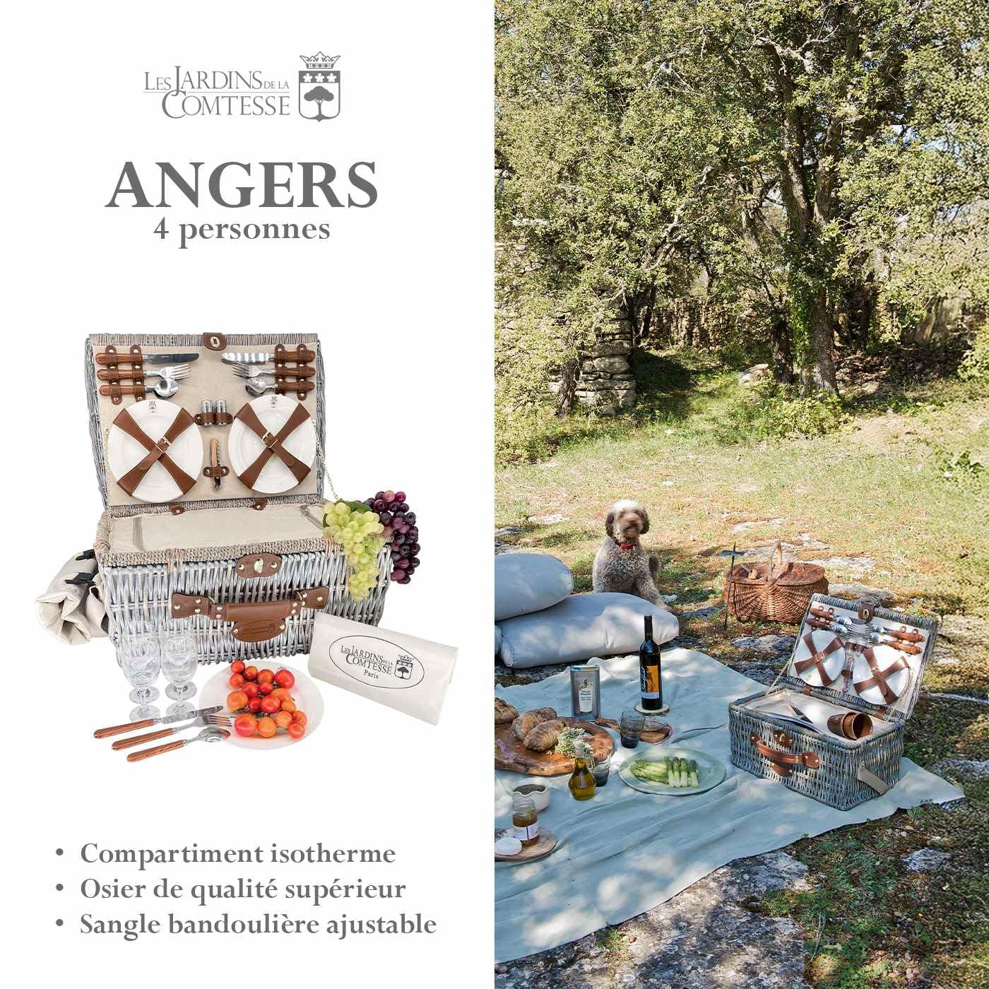 Les Jardins de la Comtesse - Cestino da picnic "Angers" per 4 persone, completo con scompartimento isotermico - Dimensioni: 46x31x22cm