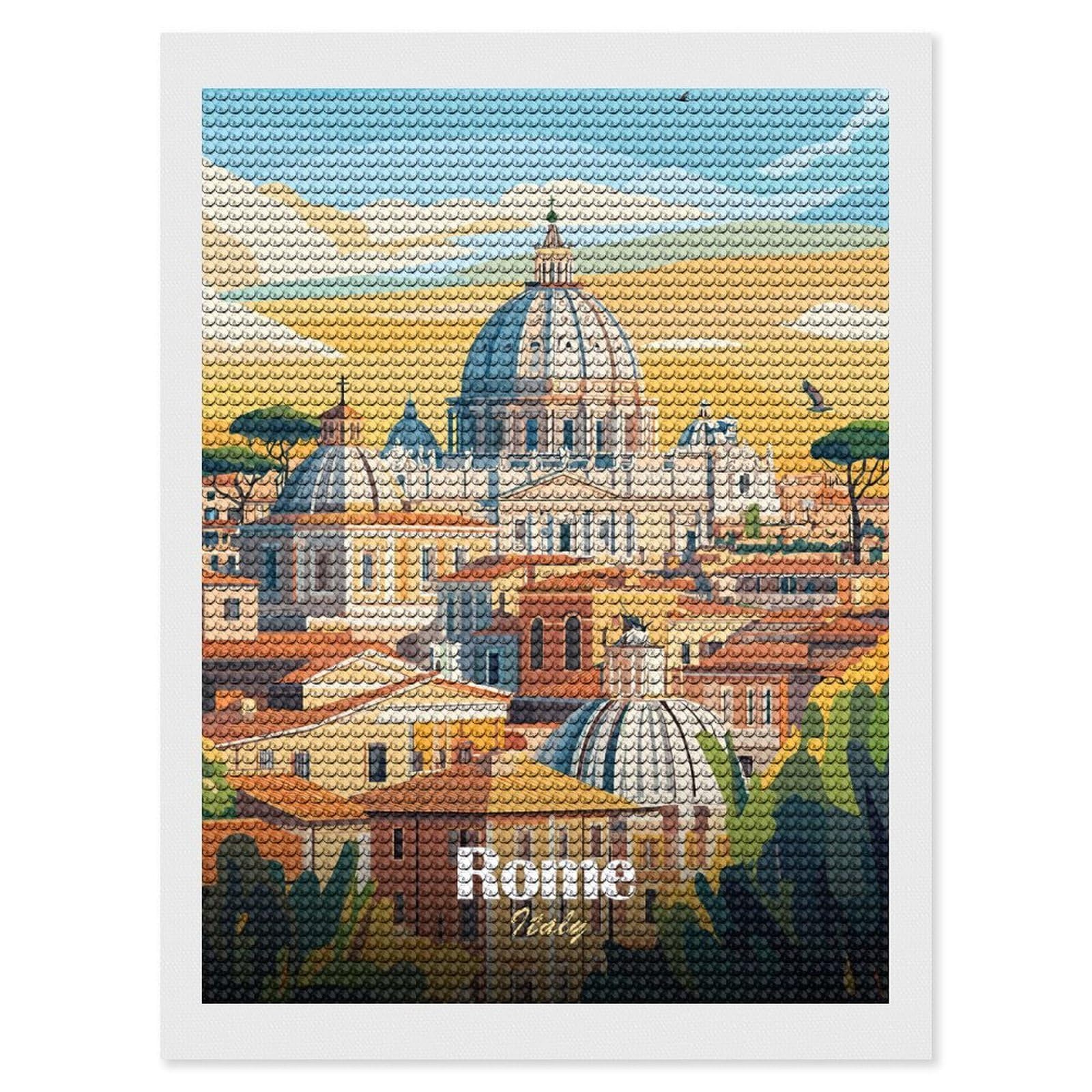 Junmoney Rome Cityscape Illustration Diamond Painting Canvas Set 12"x16", for Adults, Bedroom Decor, Good for Quiet Evenings, Festive Craft Gift