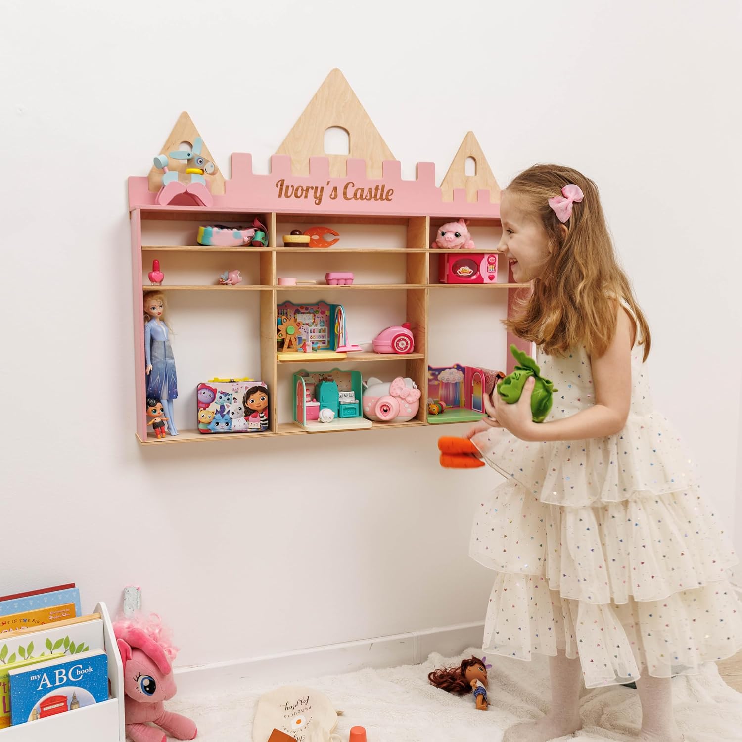 Enjoy The Wood Wooden Kids Toy Storage Organizer Montessori Shelf (Castle) | Toy Organizers, Wall Mounted Nursery Shelves, Optional Name Personalization, Playroom Organization by Enjoy the Wood