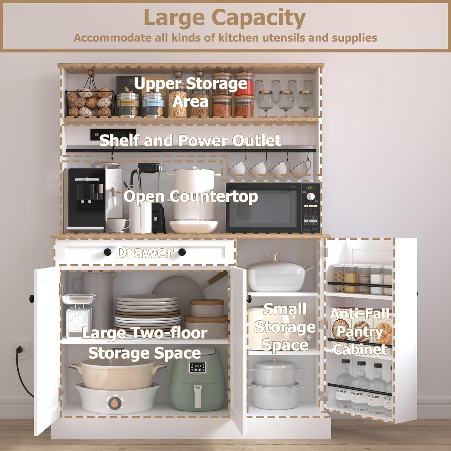 Kitchen Pantry Cabinet,Kitchen Hutch Cabinet with Power Outlets,Doors and Adjustable Shelves,Freestanding Food Pantry with Large Storage Drawer for Dining Room, Living Room