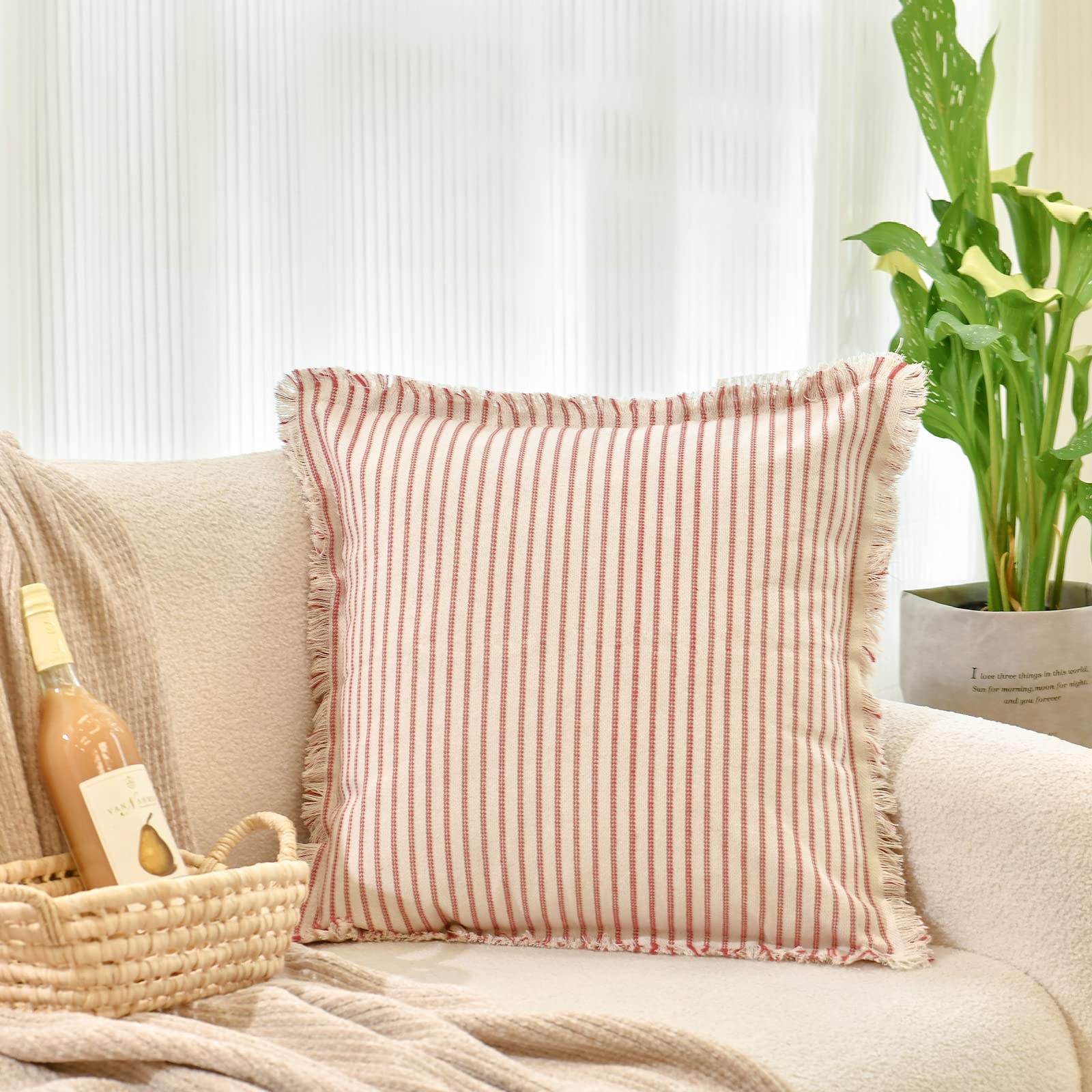 ZWJD Throw Pillow Covers 18x18 Set of 2 Striped Pillow Covers with Fringe Chic Cotton Decorative Pillows Square Cushion Covers for Sofa Couch Bed Living Room Farmhouse Decor