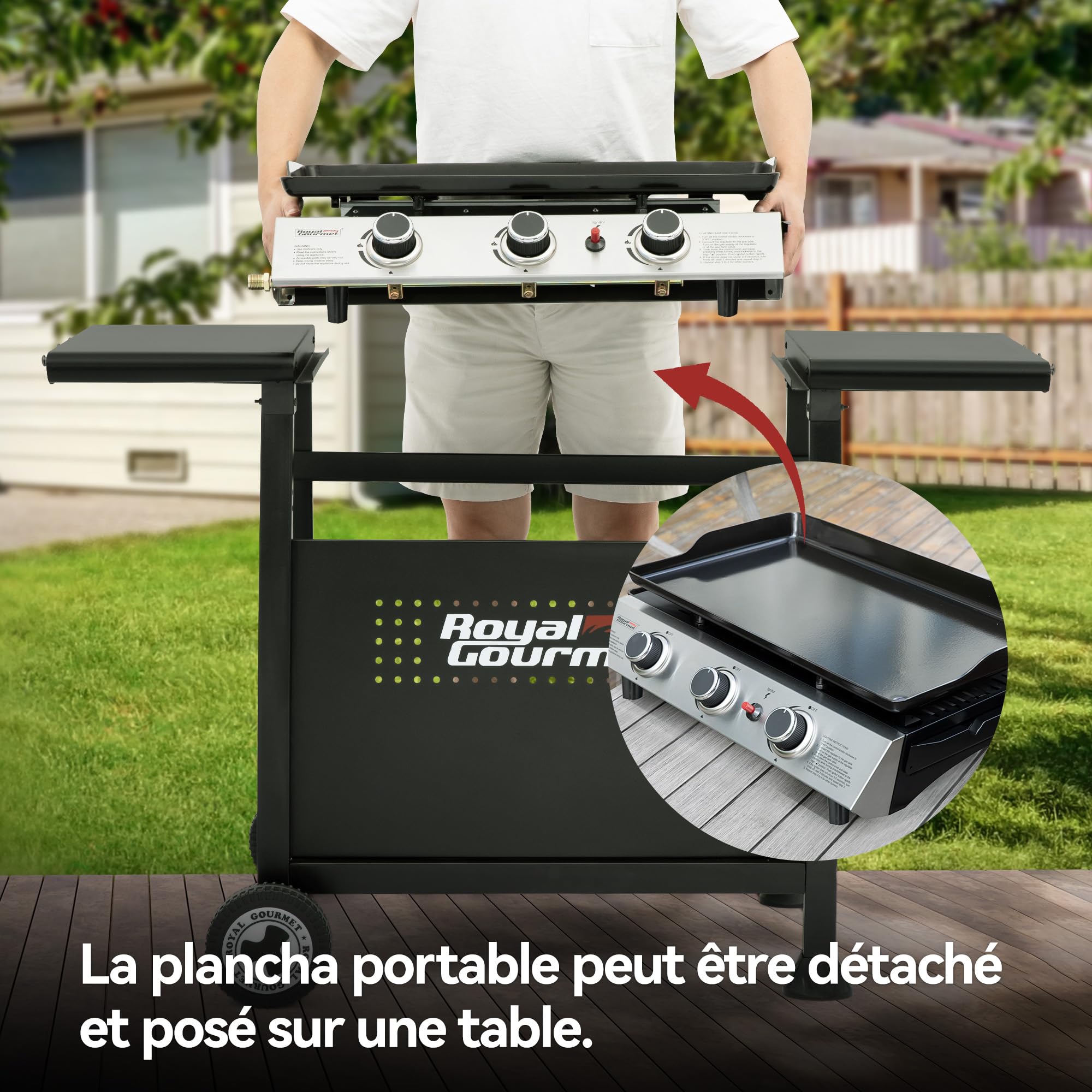 Royal Gourmet Plancha Gaz sur Chariot, 3 Brûleurs Puissance 7.5 kW, Plaque Amovible de Surface Cuisson 62,0 x 35,5 cm, Avec 2 Tablettes et 2 Roues, Portable pour Jardin et l' Extérieur, Noir