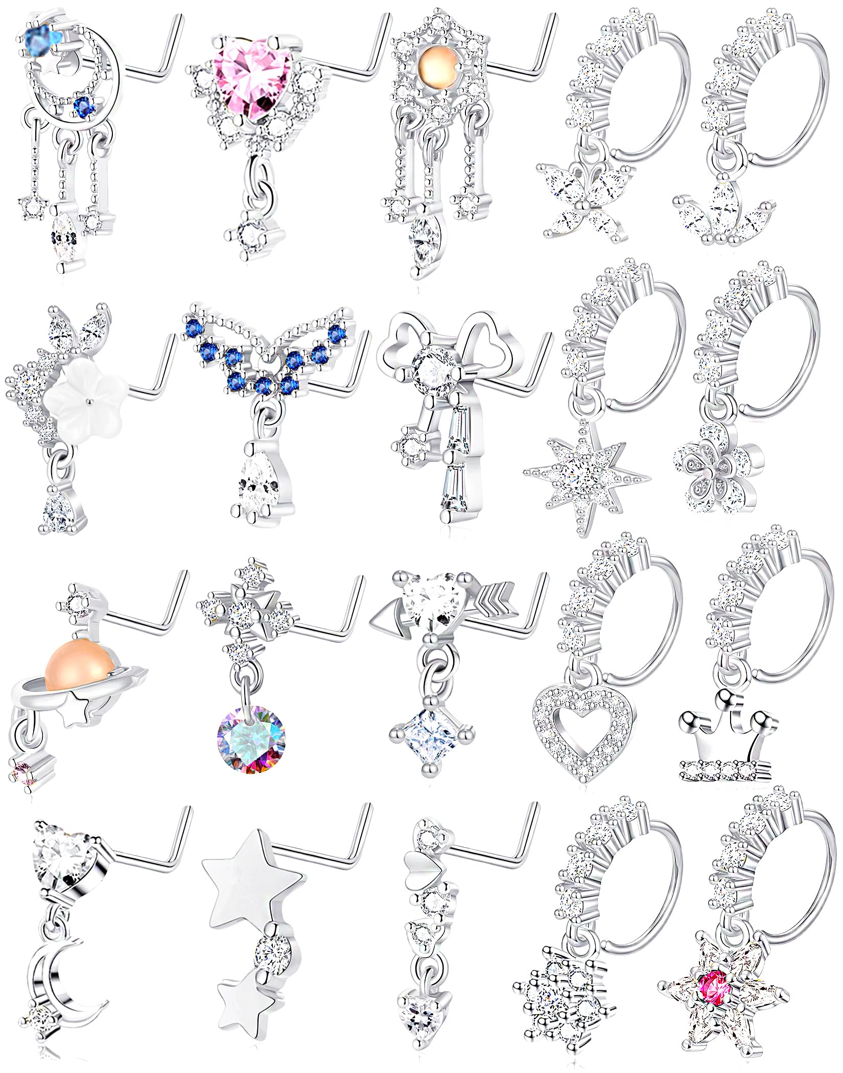 Tornito 20Pcs 20G Dangle Nose Rings Studs for Women L Shaped Dangling Nose Stud Hoop Butterfly Heart Moon Arrow Flower Star Bowtie CZ Dangling Nostril