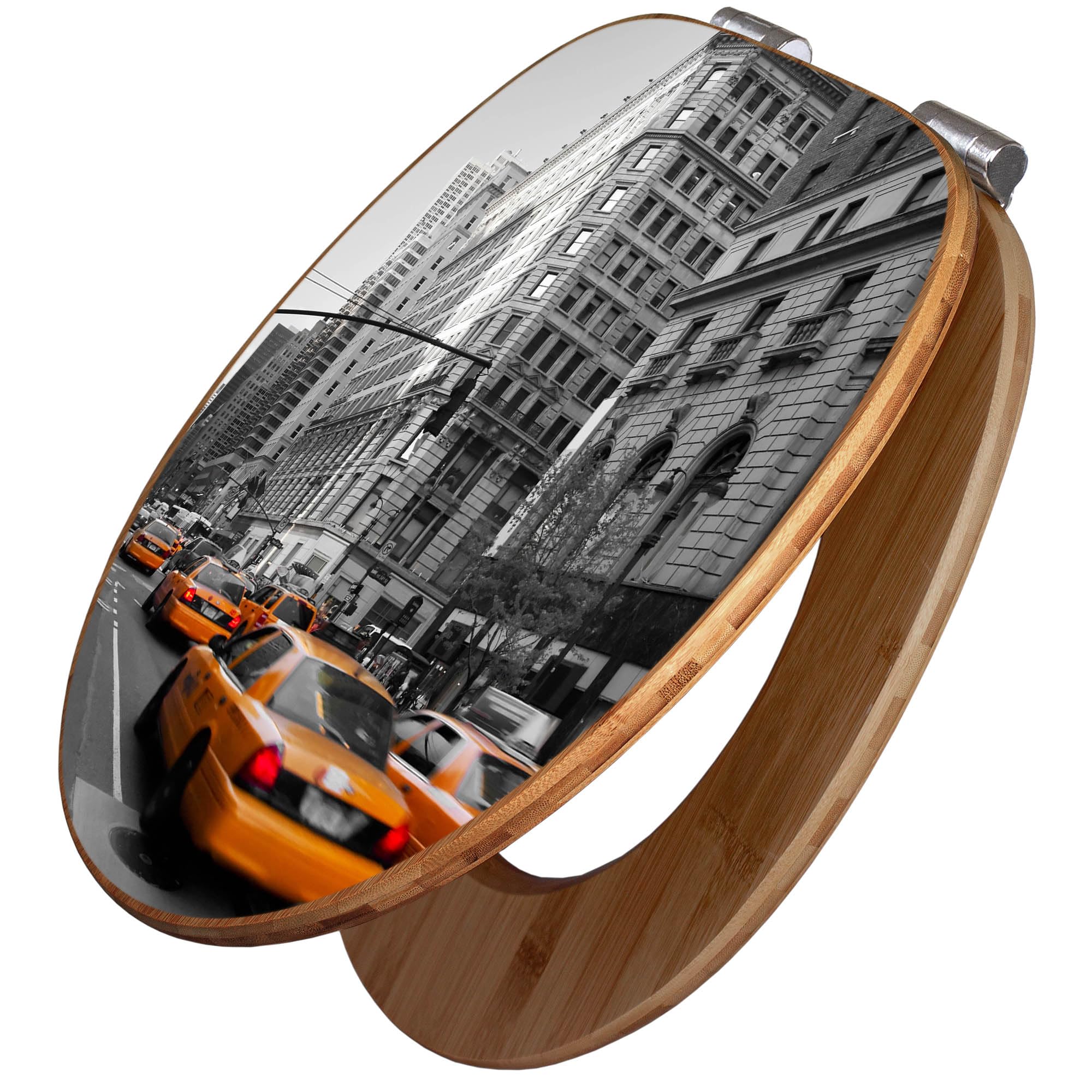 banjado Design WC Sitz Bambus Absenkautomatik 45,8x37,5cm - Toilettendeckel mit Absenkautomatik Holz - hochwertiger Bambus Klodeckel - WC-Sitz für gängigen Toiletten - Motiv New York Taxi
