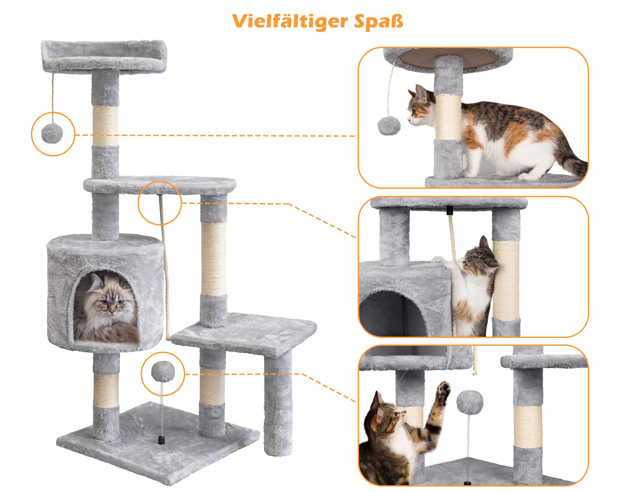 Kratzbaum, 112 cm Katzenbaum Stabil Katzenkratzbaum, Aktivitätskratzbäume mit Kratzsäule Großer Plattform Katzenhaus Plüschbälle, Grau
