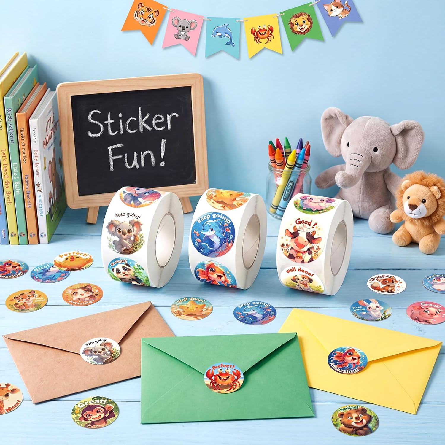1500 PCS 3 Roll Animal Stickers for Kids, Round Animal Stickers Bulk for Toddlers, Birthday Party Favors Supplies, Reward Incentive Stickers for School, Home, Preschool, Classroom Crafts