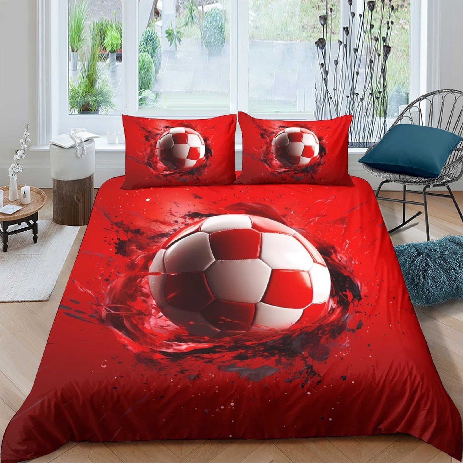 Ctjqhvkz Style-10 3D Printed Red Soccer Ball Fitted Sheet Microfiber Soft Breathable Football Bed Cover For Bedroom Guest Room Decor Single（135X200cm）