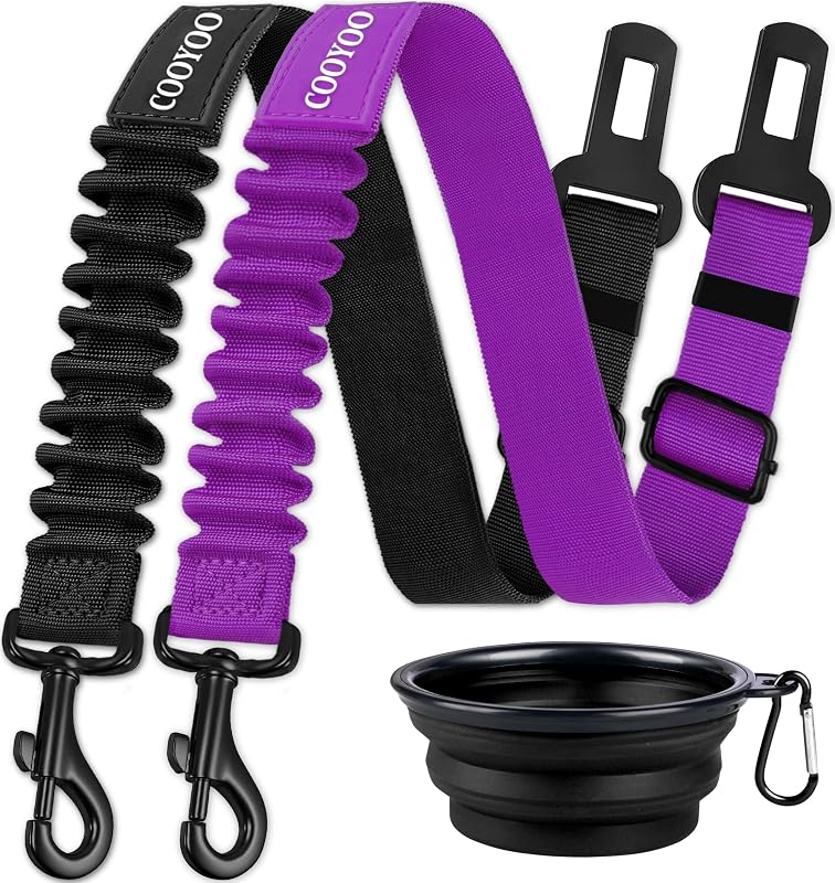 Cinto de Segurança para Cães com Ajuste e Elástico, COOYOO, 2 Cintos + Tigela Dobrável, Set 04-Black+Purple