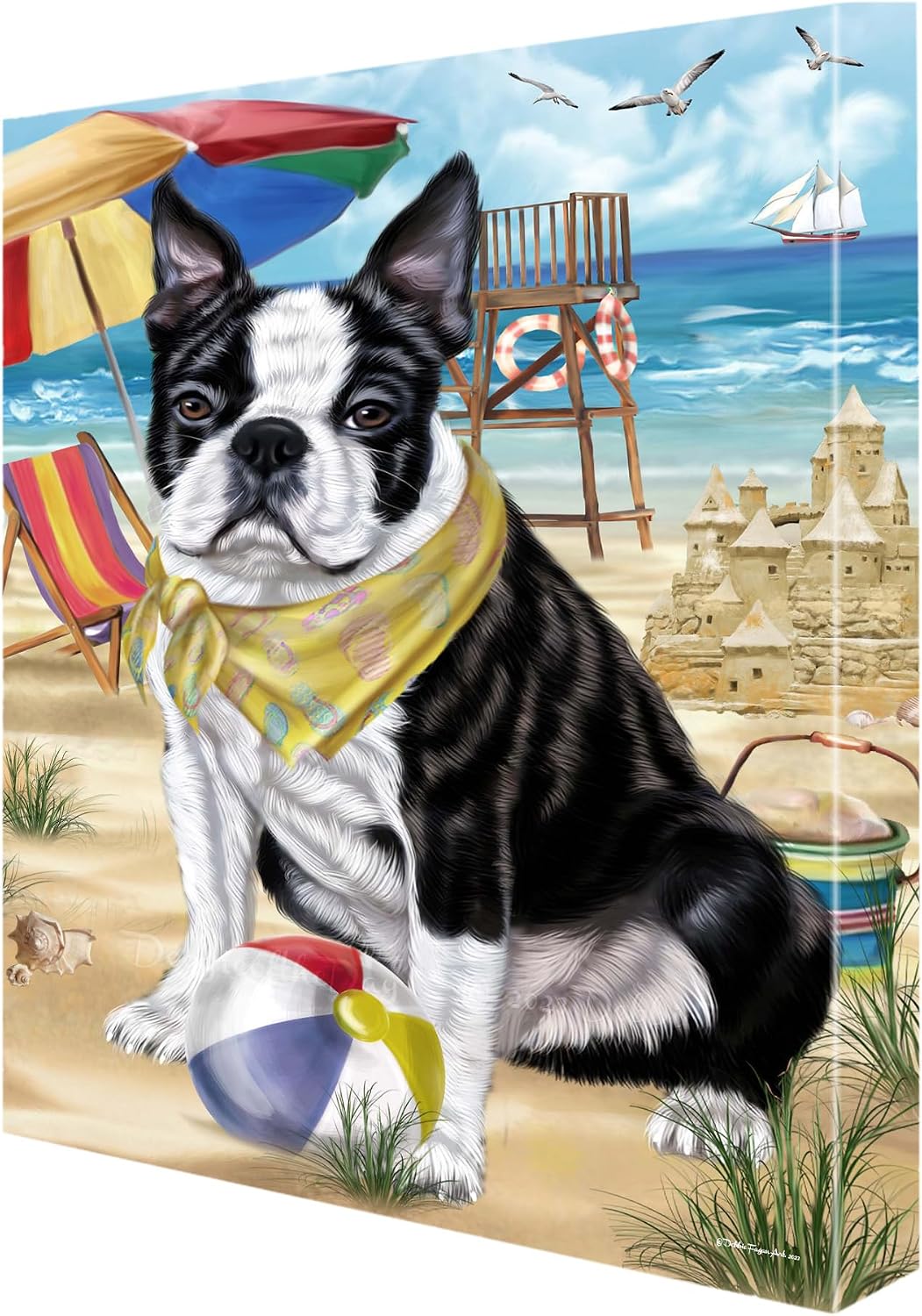 Doggie of the Day Pet Beach with Boston Terrier Dogs Canvas Wall Art - Premium Quality Ready to Hang Room Decor - 1.5" Thick Canvas Wrap 16" x 24"