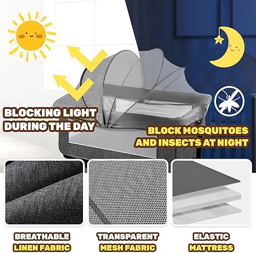 Miniatura 5 de Cuna de bebé, cuna plegable para recién nacido con mosquitera y rueda silenciosa Wanxiang, altura ajustable, moisés cama de noche (AB010011-1)