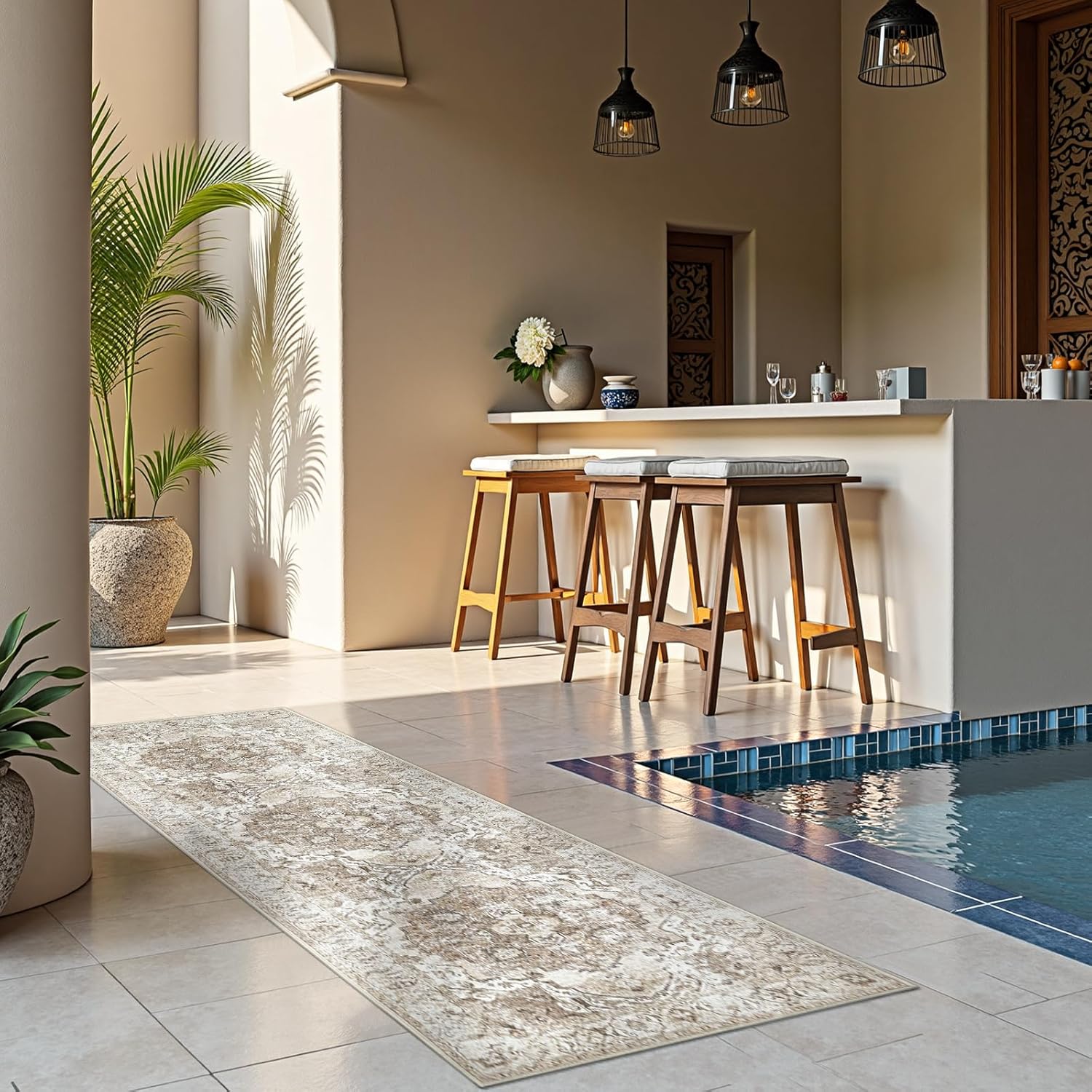 jinchan Runner Rug 2x7 Washable Hallway Rug Vintage Traditional Floor Cover Thin Taupe Multi Distressed Floral Indoor Mat for Kitchen Bathroom Bedroom Living Room