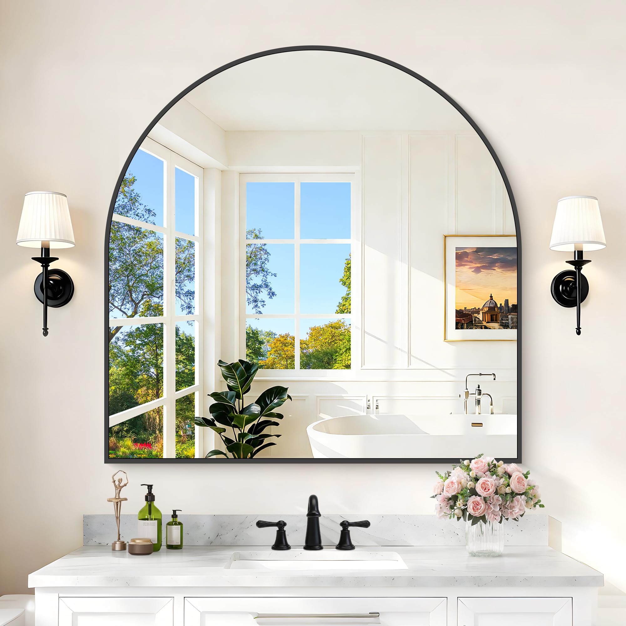 COFENY Arched Mirror, 42''x44'' Black Arch Mirror for Bathroom, Large Arched Bathroom Mirror with Frame, Modern Wall Mounted Mirror for Over Sink Mantle Bedroom Vanity Living Room Entryway