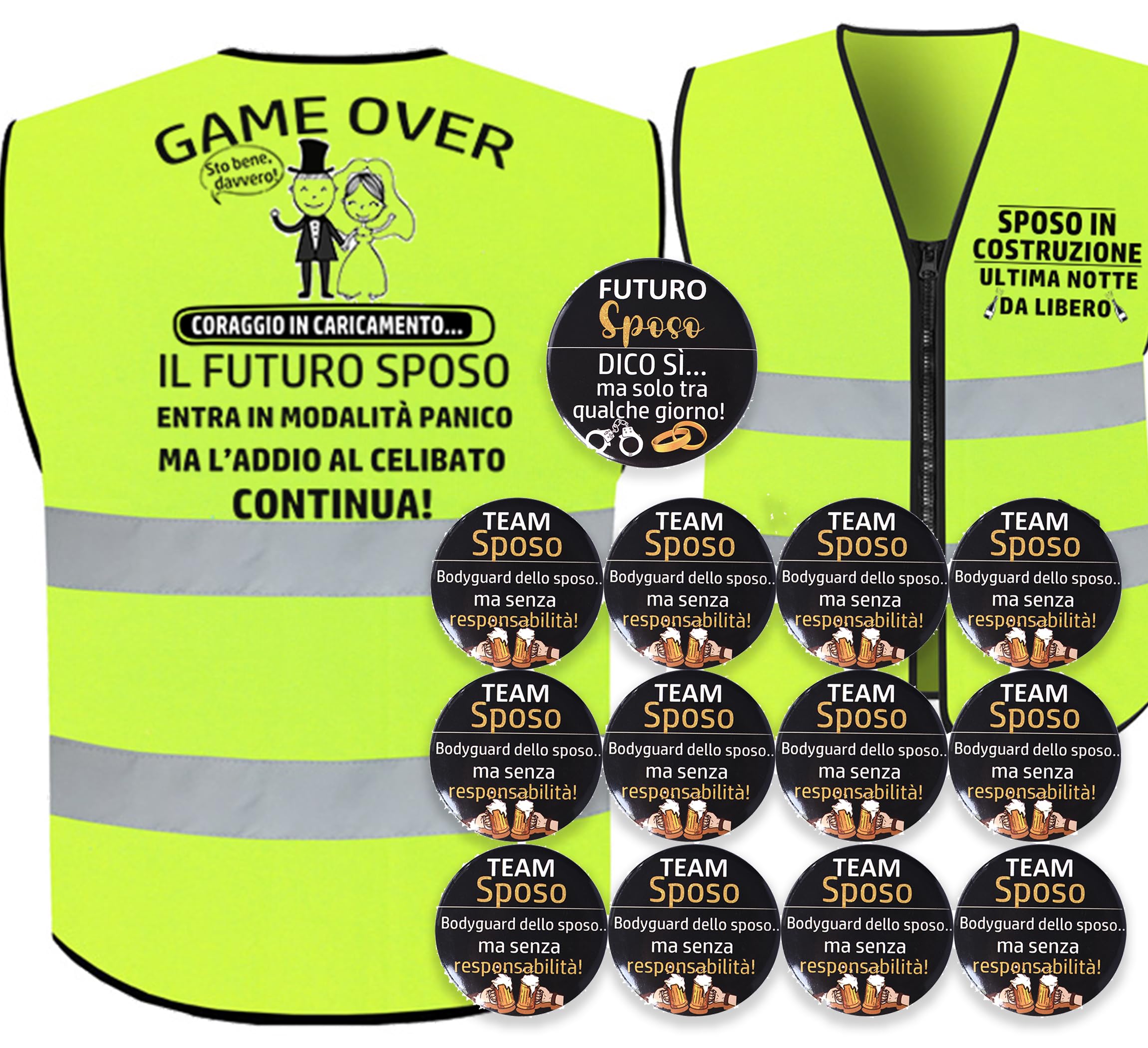 Addio al Celibato Gadget Divertente – 14pz Regalo per Sposo"Game Over" + Spilla Sposo + 12 Spille "Amico dello Sposo" – Kit Divertente per Festa di Addio al Nubilato Uomo e Regalo per Futuro Marito