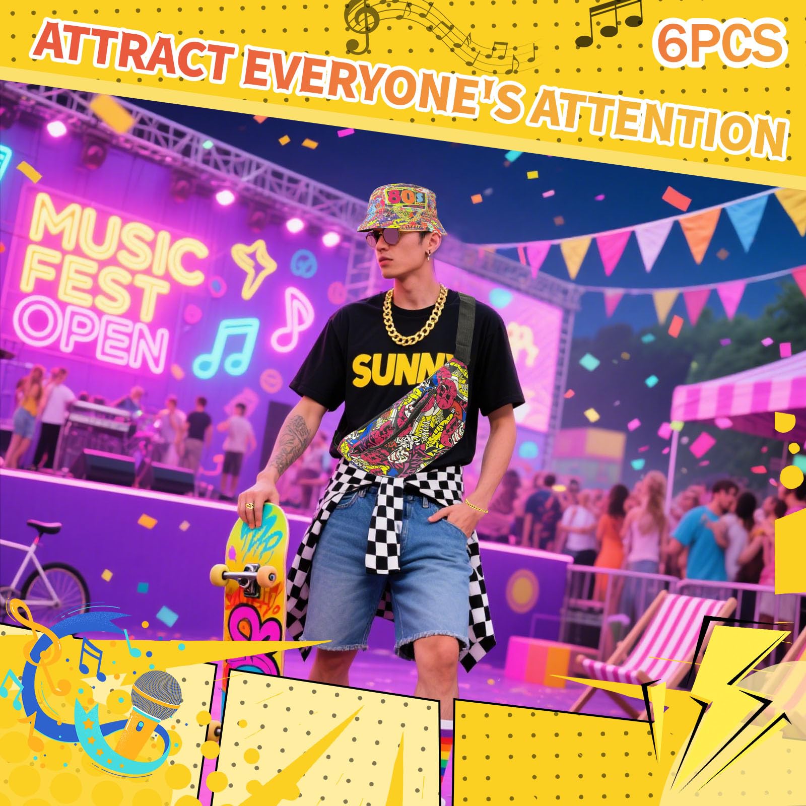 80s 90s Hip Hop Costume Set, Fancy Dress Accessories with Reversible Graffiti Fisherman's Hat, Crossbody Bag - Image 3
