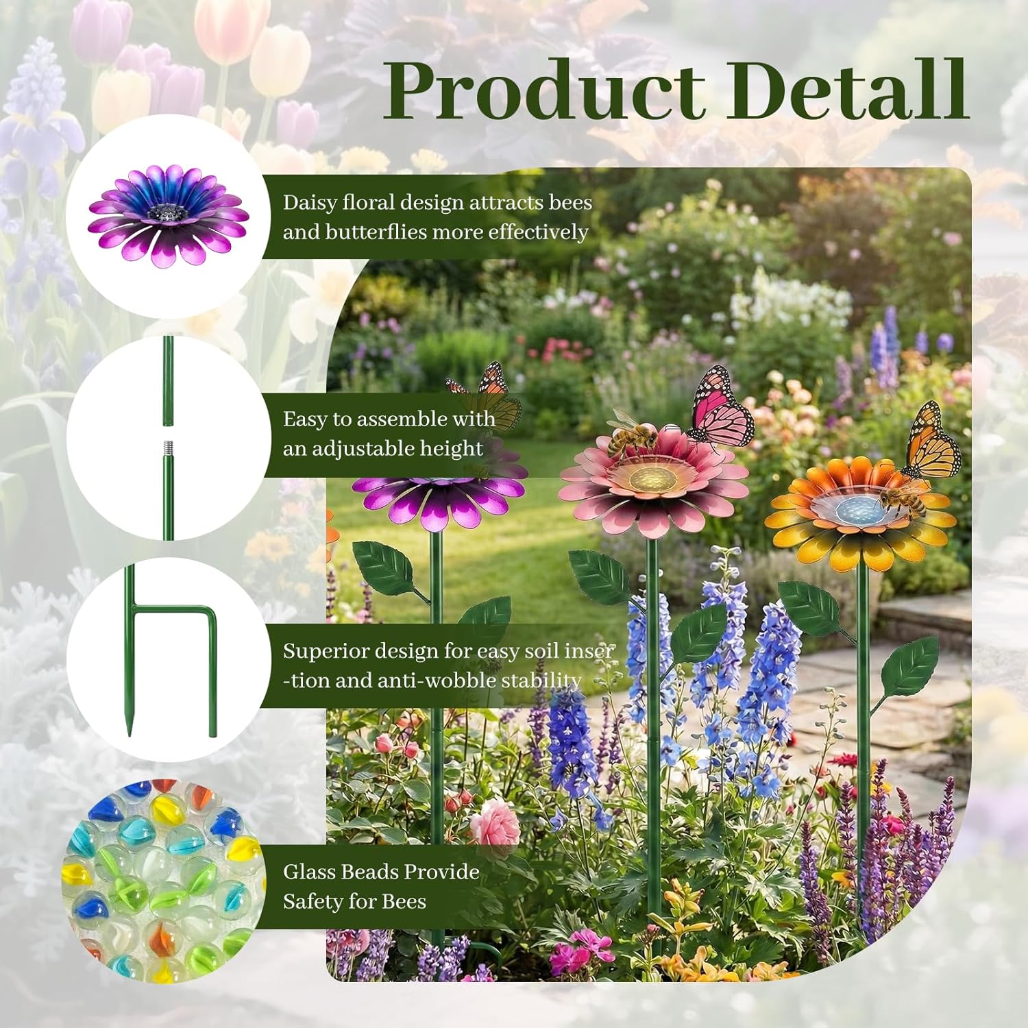4 Pack Daisy Flower Bee Watering Station with Glass Beads - Bee Bath for Garden Metal Bee Water Feeder , Colorful Outdoor Insect Hydration Station for Attracting Bees Butterfly Feeder Yard Decor